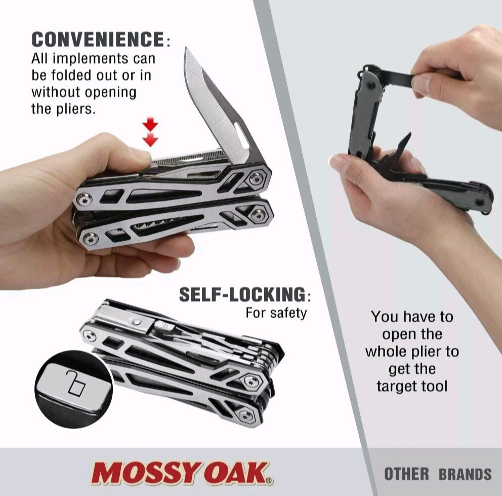 MOSSY OAK Multitool, 21-in-1 Black/Stainless Steel Multi Tool Pocket Knife