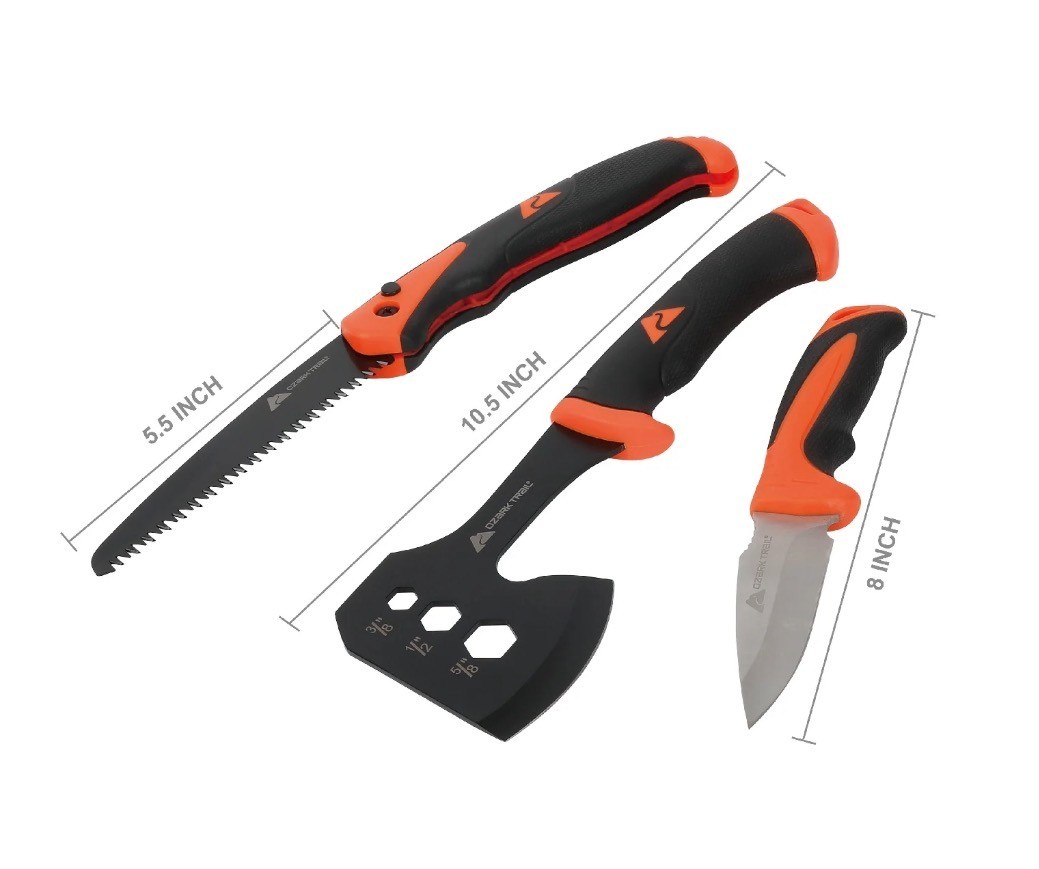 Ozark Trail 7-Piece Camping Tool Set with Hammer, Axe, Flashlight, and Knives, B