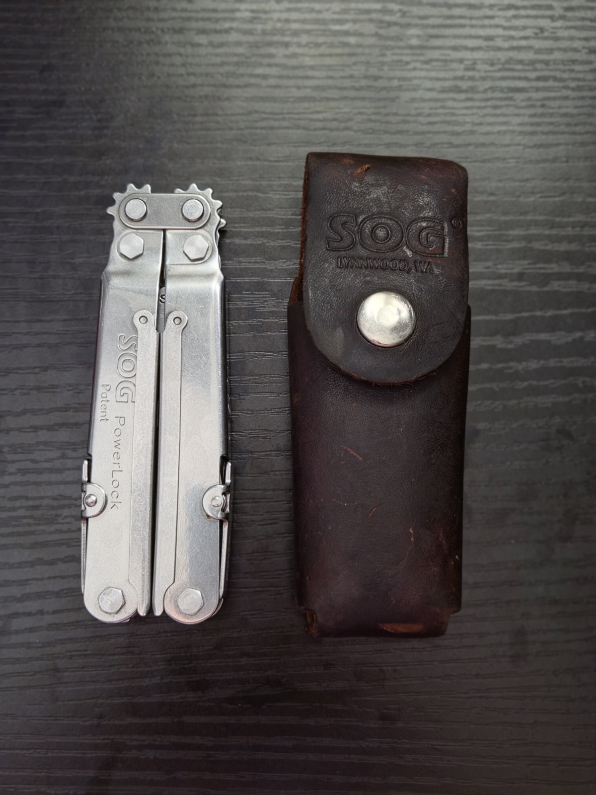 Vintage SOG PowerLock S60 Multi-Tool Patent Stamp Lynnwood WA Leather Sheath