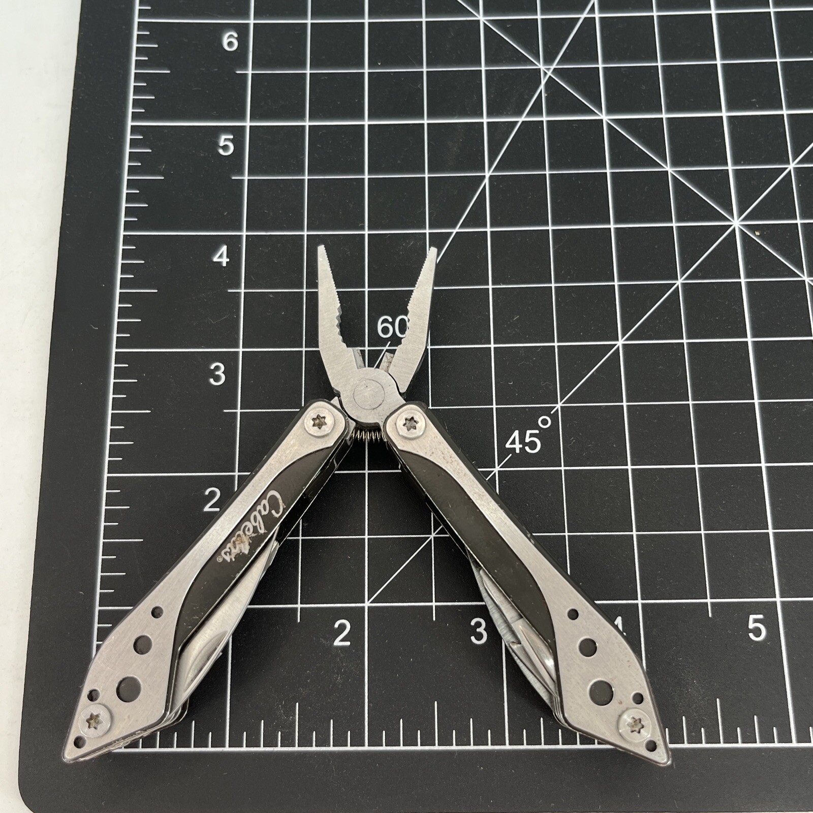 LOT OF 2 Cabela’s SILVER & BLACK Mini Multi-Tool Spring Open Pliers Scissors Saw