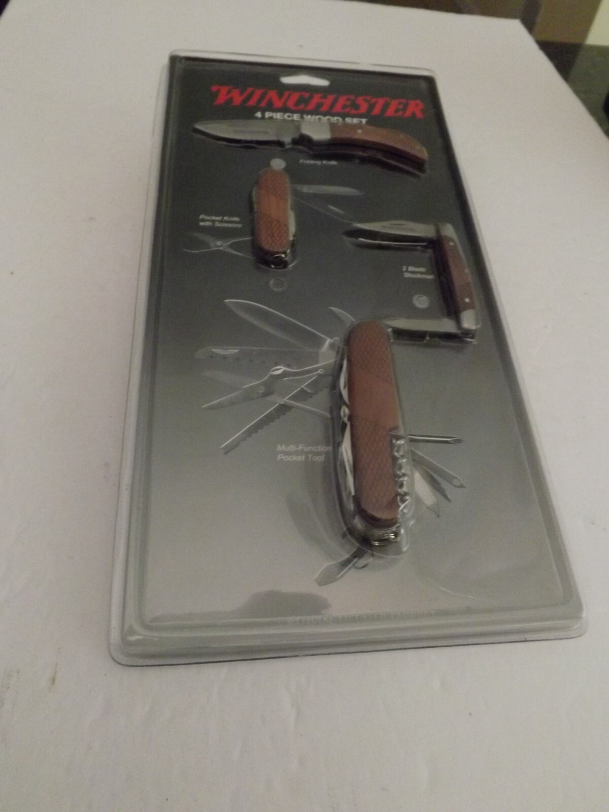 Genuine Winchester 4 Piece Wood Pocket Knife / Scissors / Multi Tool Set **NEW**
