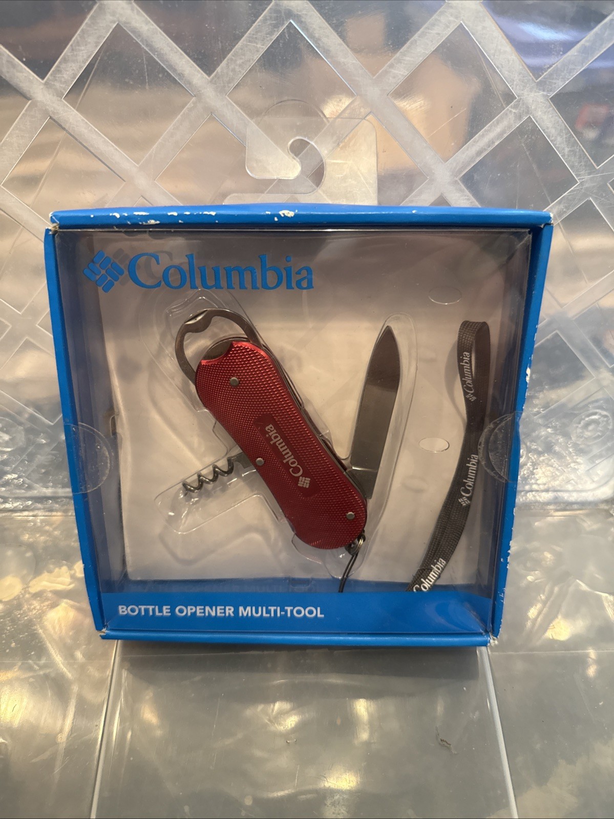 NEW Columbia FIRE RED Bottle Opener Pocket Knife Multi-Tool w/Lanyard In Box