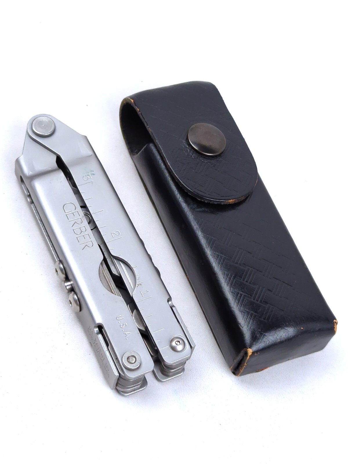 Vintage GERBER Blunt Nose Plier w/ LEATHER Sheath, 9-way Multi-Tool, EDC, USA