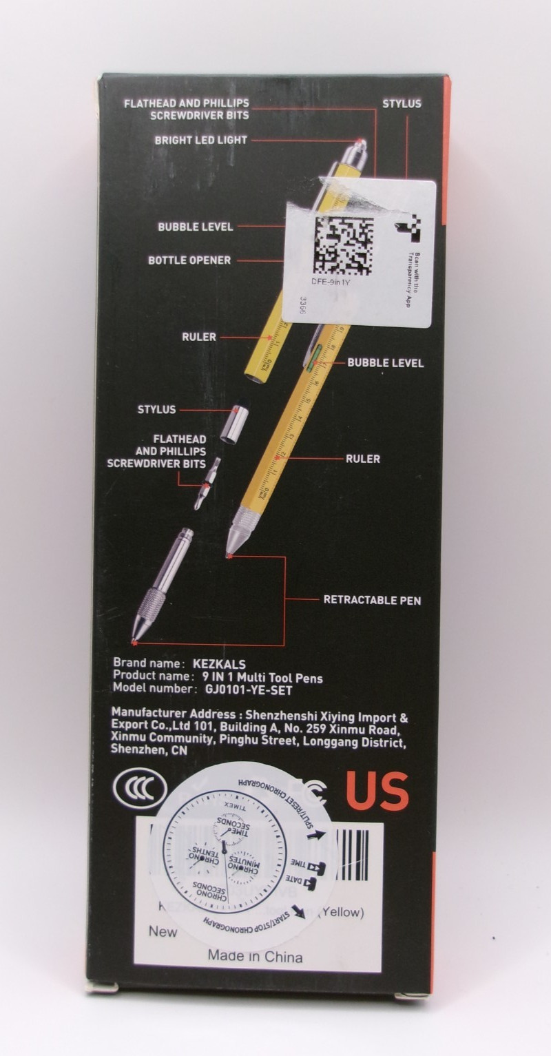 KEZKALS, 9 in 1 Multi-Tool Pen Set Screwdriver, Ruler, LED Light, Level – Yellow