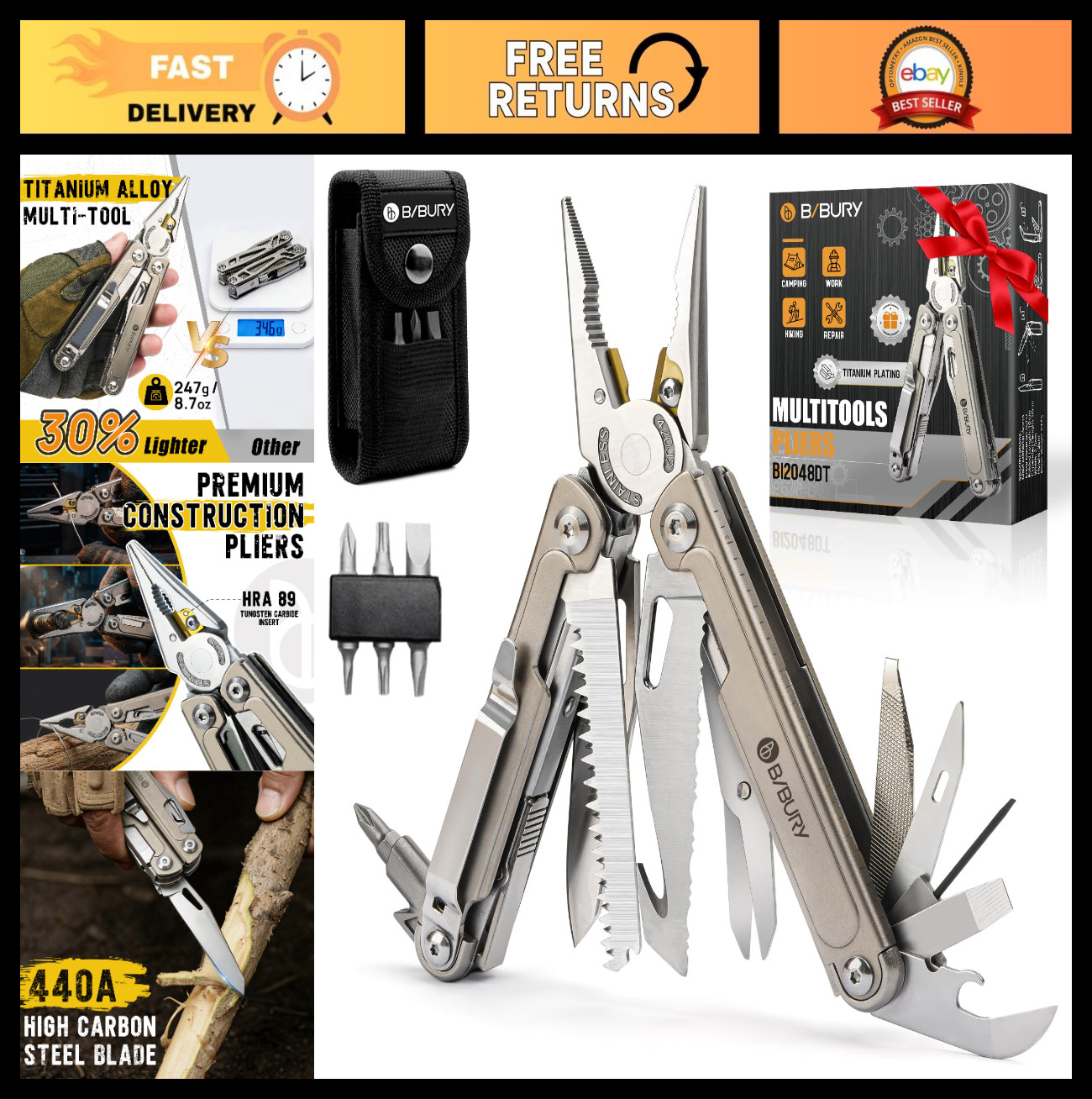 24-in-1 Titanium Multitool Pliers – Ultra-Light EDC Pocket Tool, Sheath & Clip,