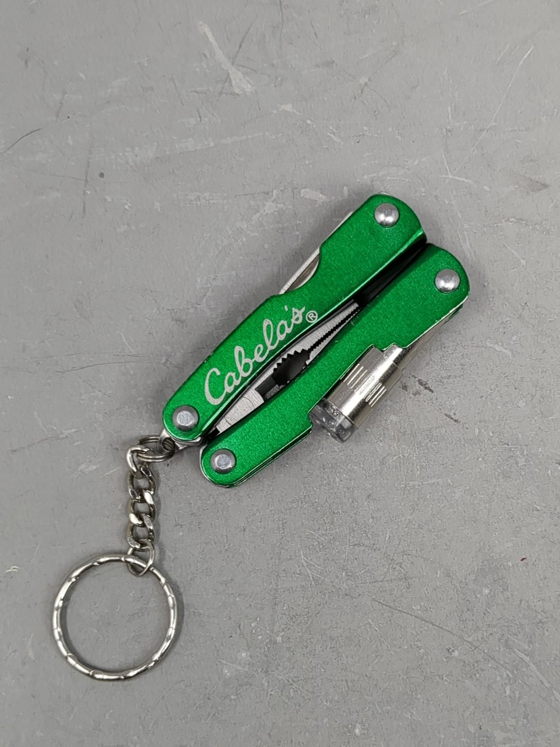 Cabela’s Green Multi-Tool with LED Light Pliers Knife Keychain * Needs Battery *