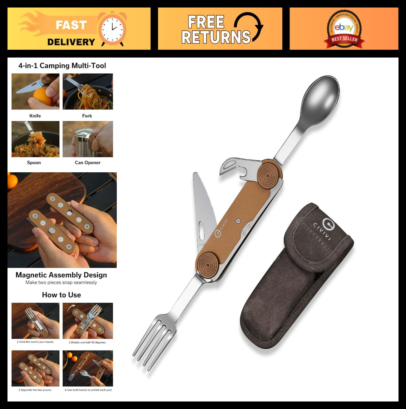 4-in-1 Camping Utensil Set – Stainless Steel Knife, Fork, Spoon & Bottle Opener,