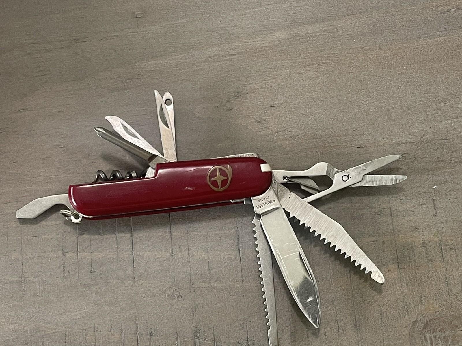 Vintage Red Stainless China Multi Function Pocket Knife Multi Tool
