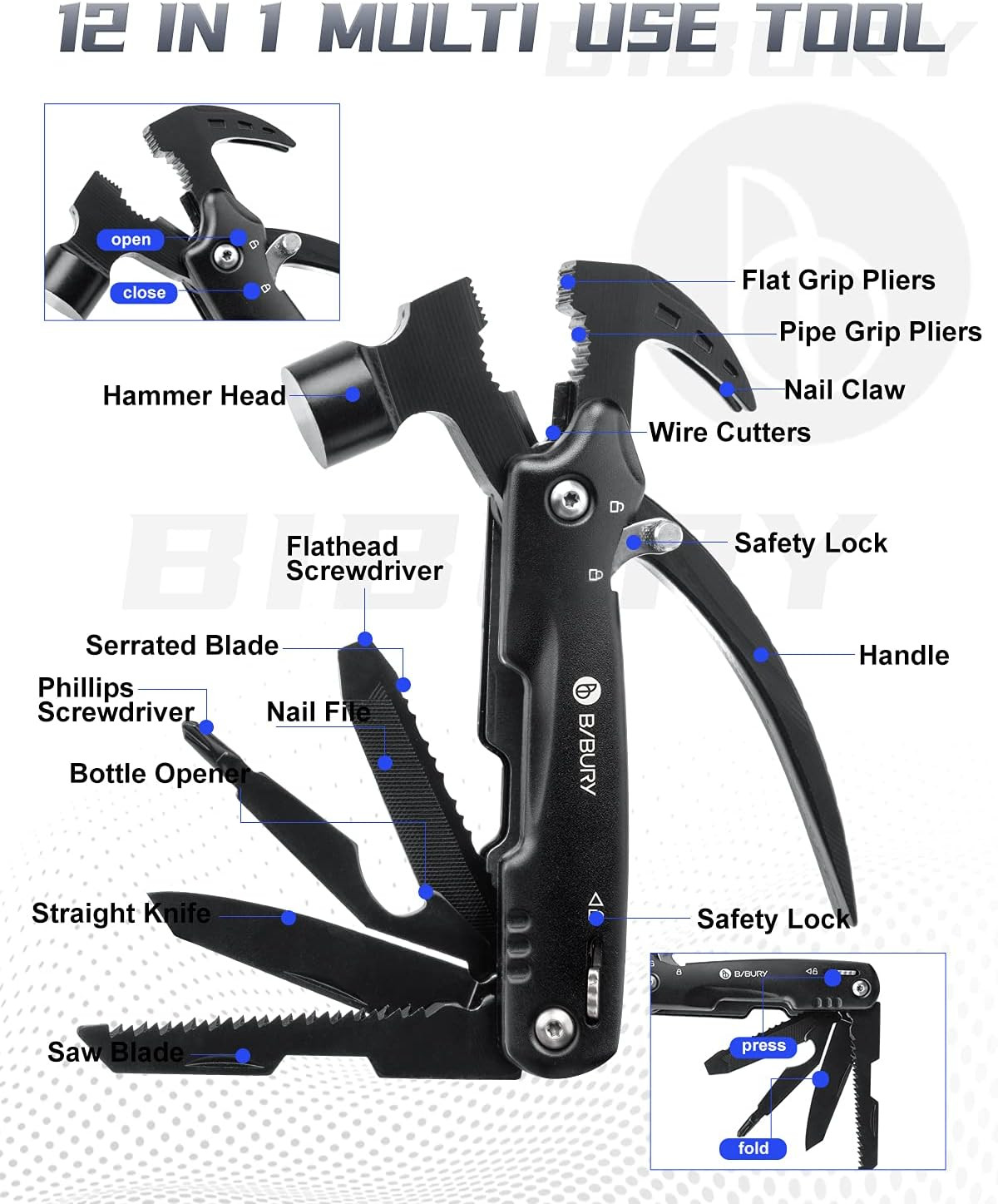 Hammer Multitool, Fathers Day Gift from Daughter Son Wife, 12-In-1 Survival Gear