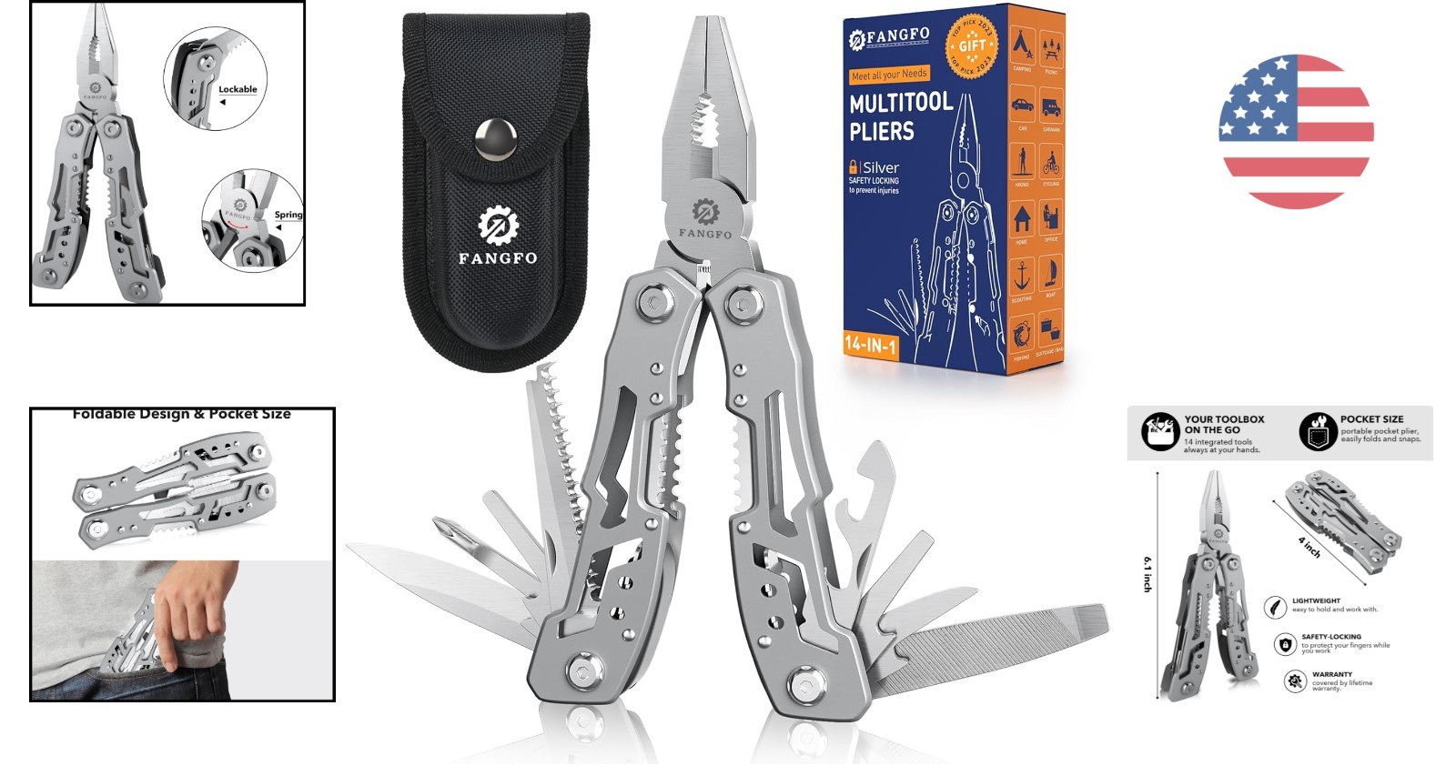 Portable Stainless Steel 14-in-1 Multitool with Safety Lock – Great for Gifts