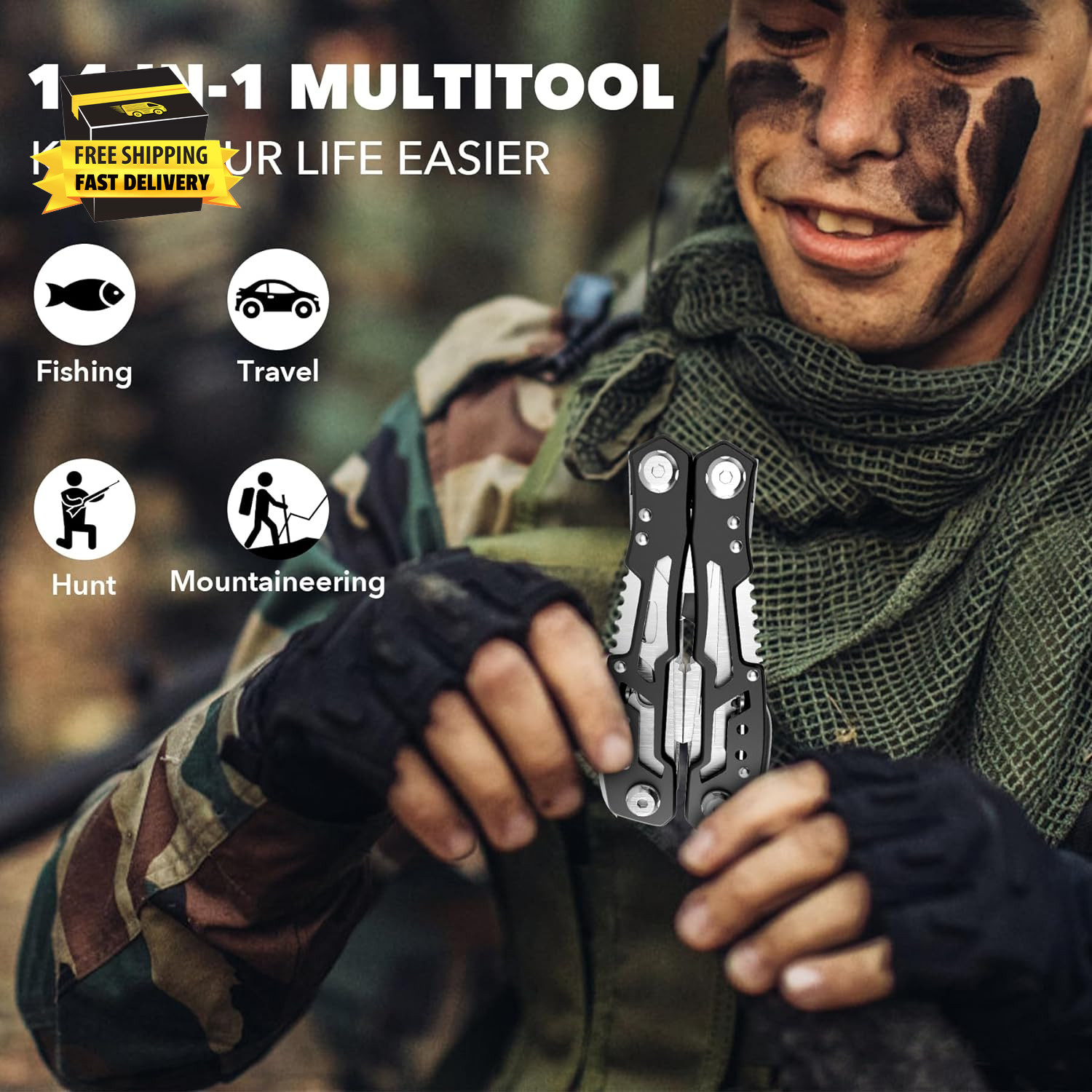 14-In-1 Multitool with Safety Locking, Professional Stainless Steel Multitool Pl