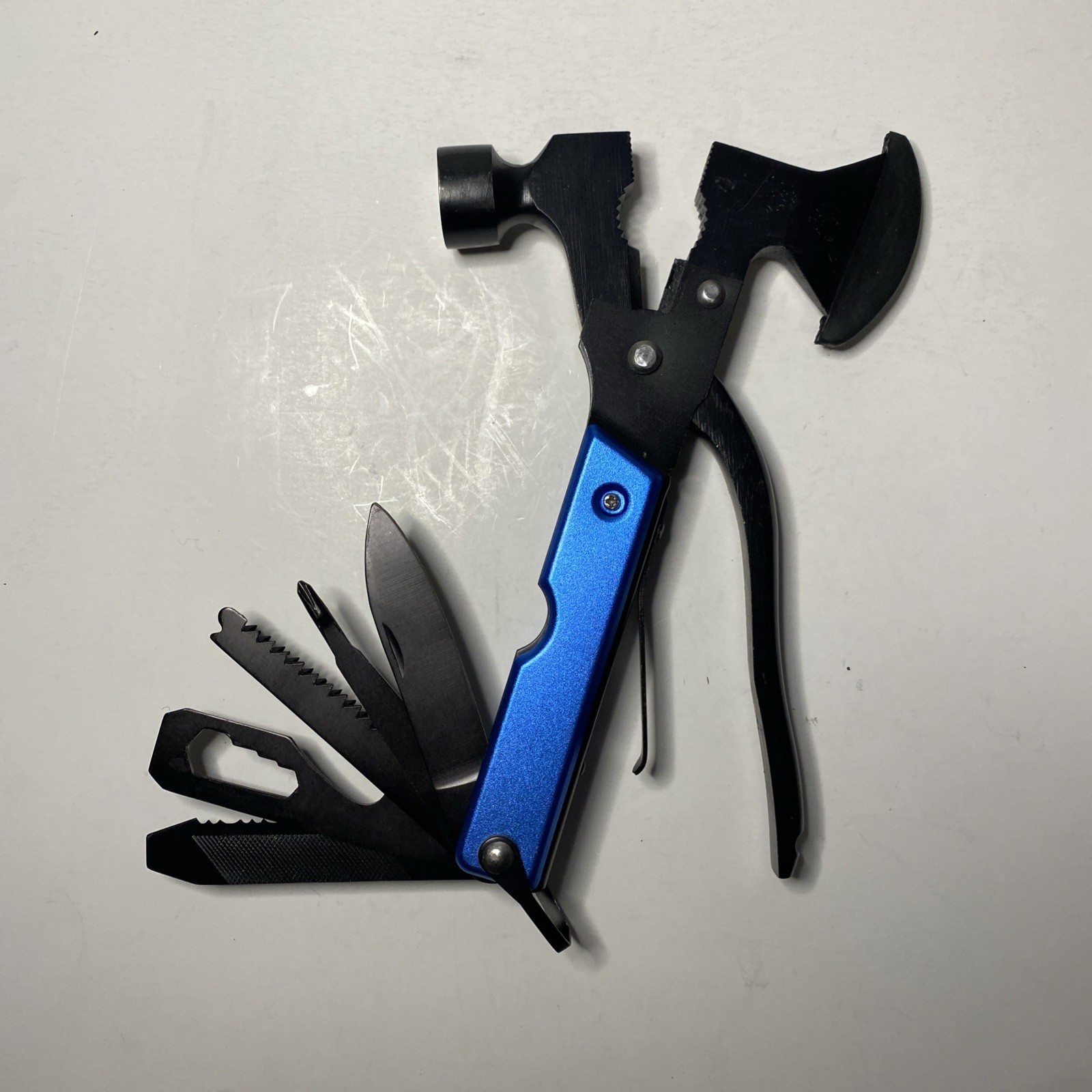 Folding Hammer Axe Multitool Blue Handle w/ Nylon Sheath