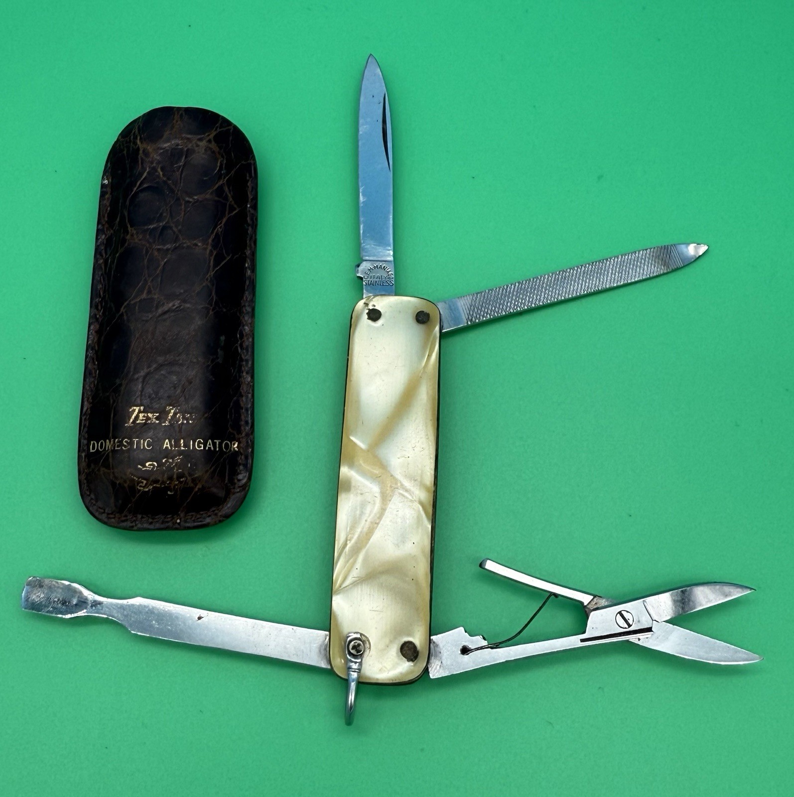 CEM-Maniago Vintage Stainless Steel Folding Knife 4 Tools with Alligator Sheath