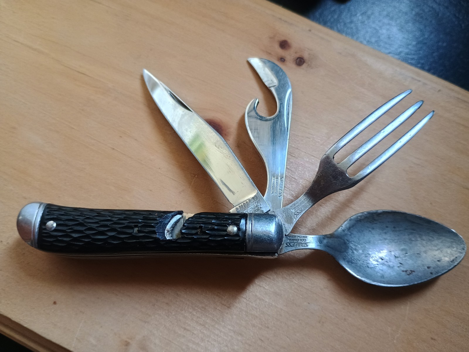 Vintage Colonial stainless Folding Multi-Tool Knife Spoon Fork, 4 Tools