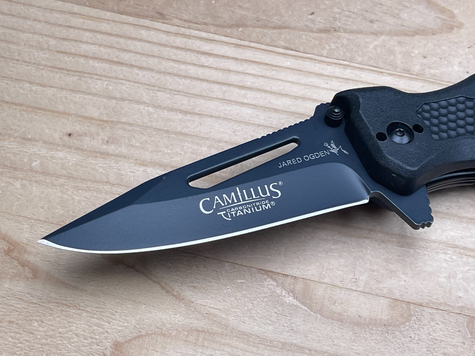 Camillus Jared Ogden Titanium NS-8B Plain Edge AUS-8 Black GFN Folding Knife