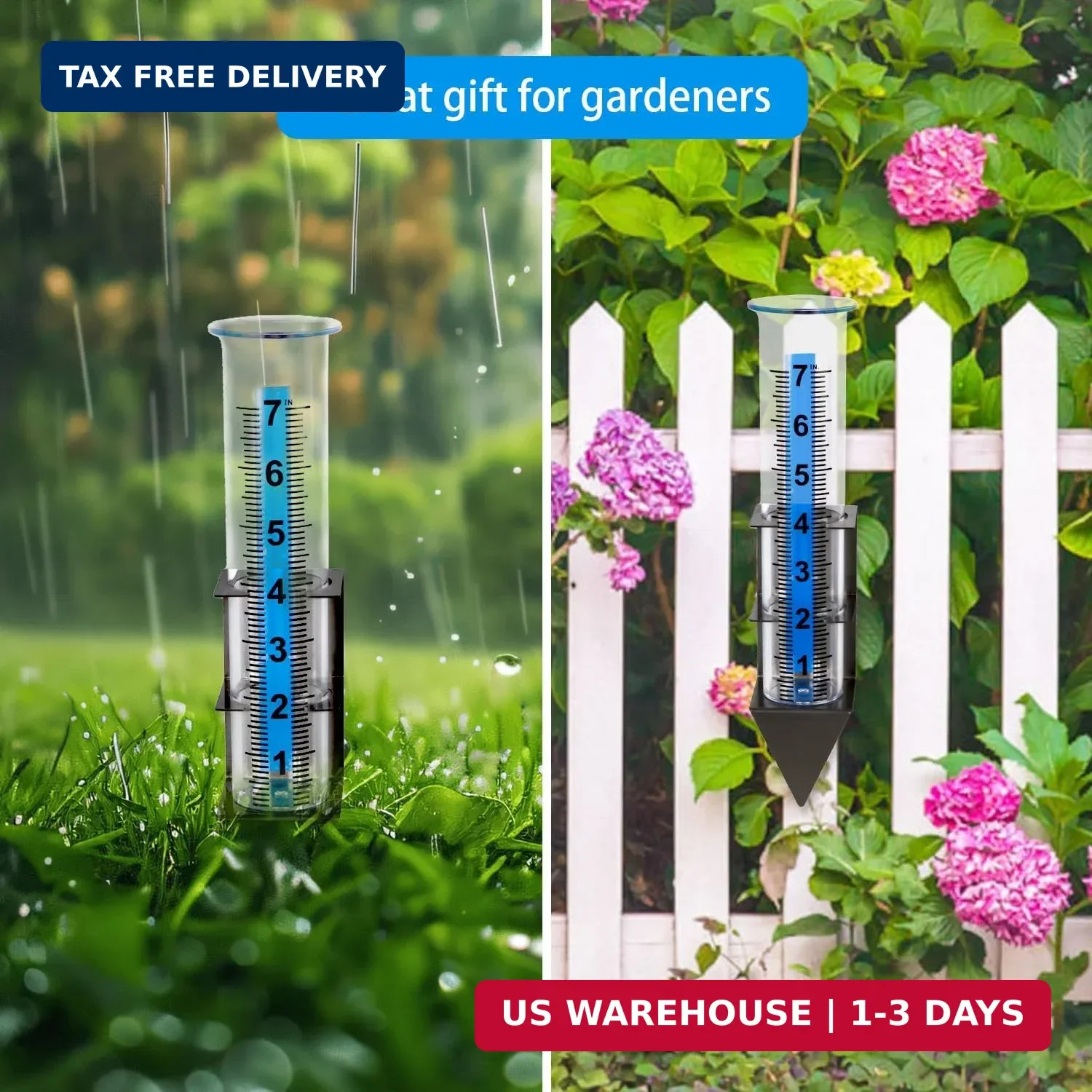 Outdoor Rain Gauge 7 Inch with Black Stainless Steel Bracket, Freeze-Proof Clear