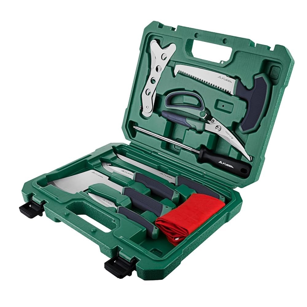 Flissa Hunting Field Dressing Kit, 10 Piece Knife Set with Green