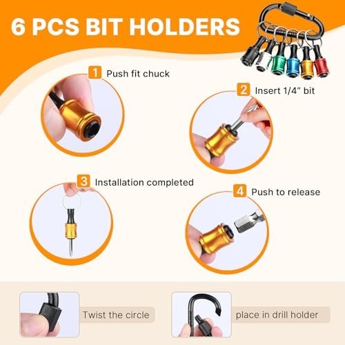 60PCS Keychain Bit Holder Set, 1/4″ Hex Drill & Screwdriver Bit Holders, Tool Gi