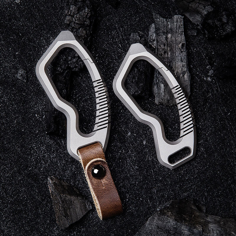 Titanium Alloy + Leather Keychain Carabiner Removable Pendant EDC Crowbar Tool