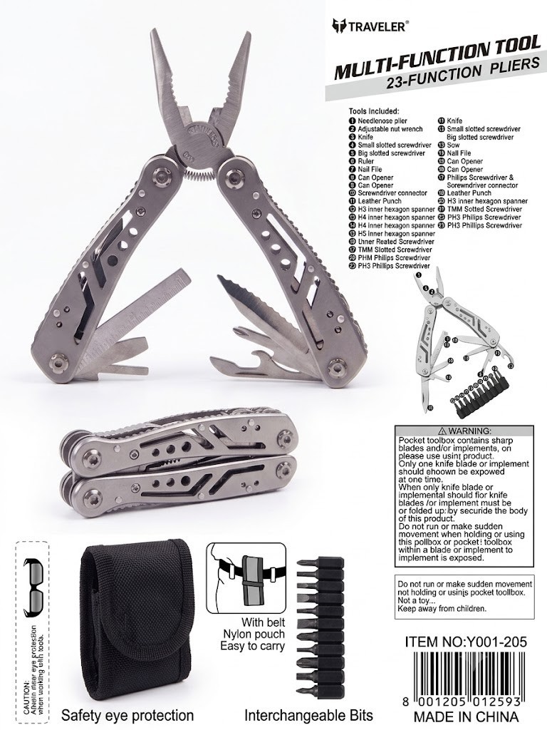Traveler 23-in-1 Multi-Tool Pliers Stainless Steel Pocket Knife EDC with Case