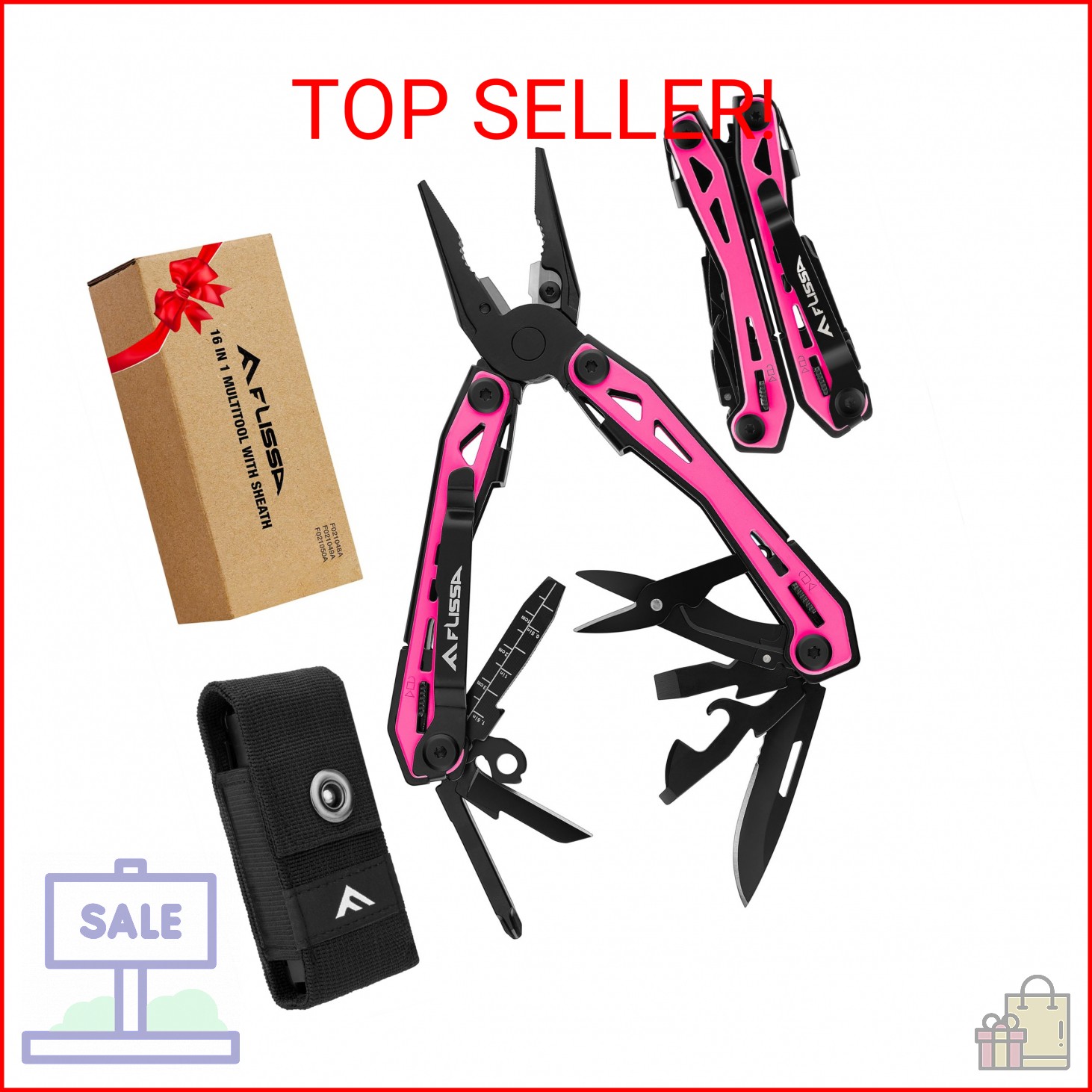 FLISSA 16-in-1 Pink Multi Tool Pliers, Gifts for Men Women, Stainless Steel EDC