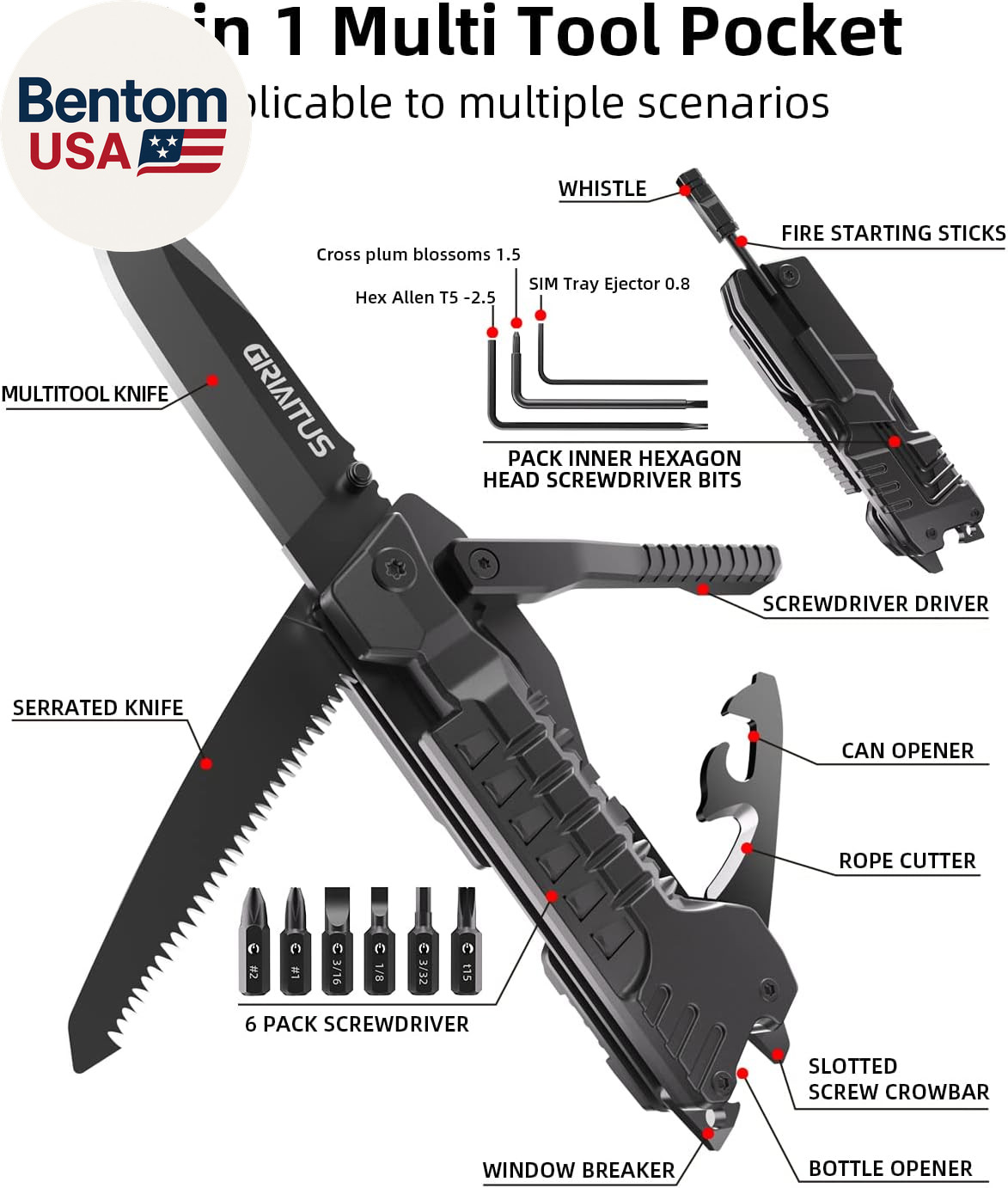 Multitool Knife 17 in 1Fire Starting Sticks, Bottle Opener, Saw Screwdrivers Bot