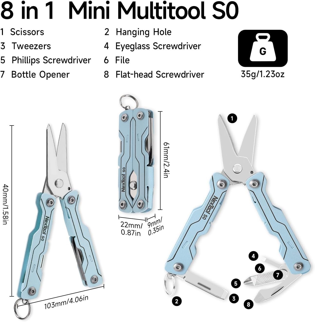 NexTool Micro Sailor S0 8-in-1 Keychain Multi-Tool Scissors EDC Gadget Blue