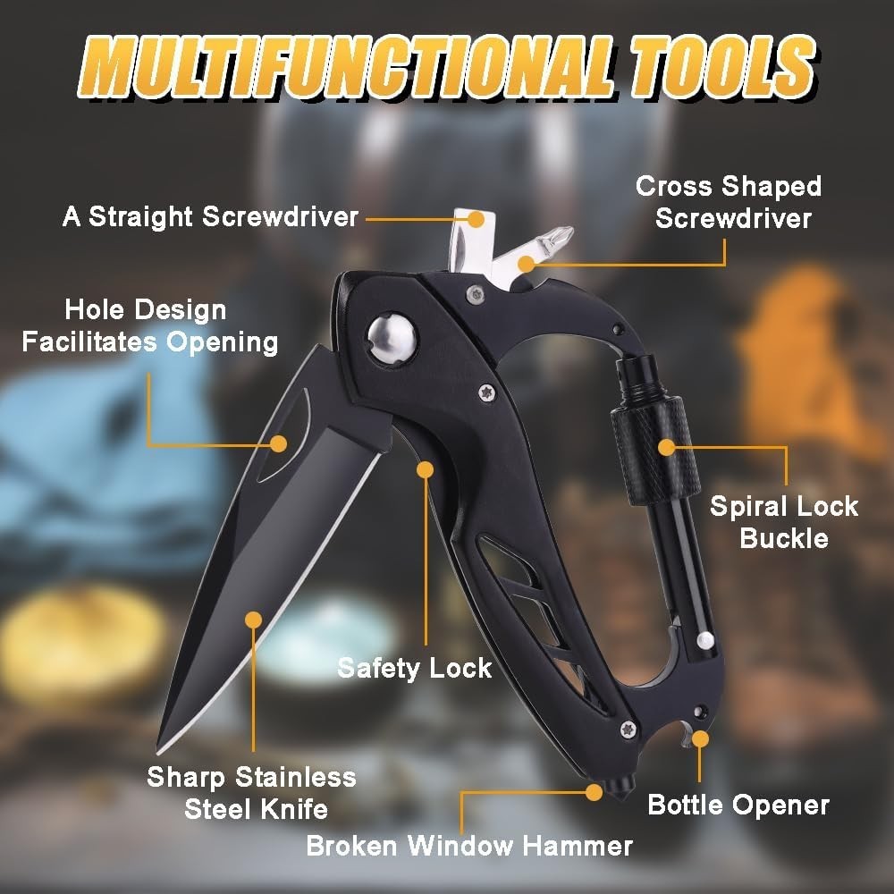 Multitool Carabiner with Pocket Knife, EDC Carabiners Keychain with Folding Kniv