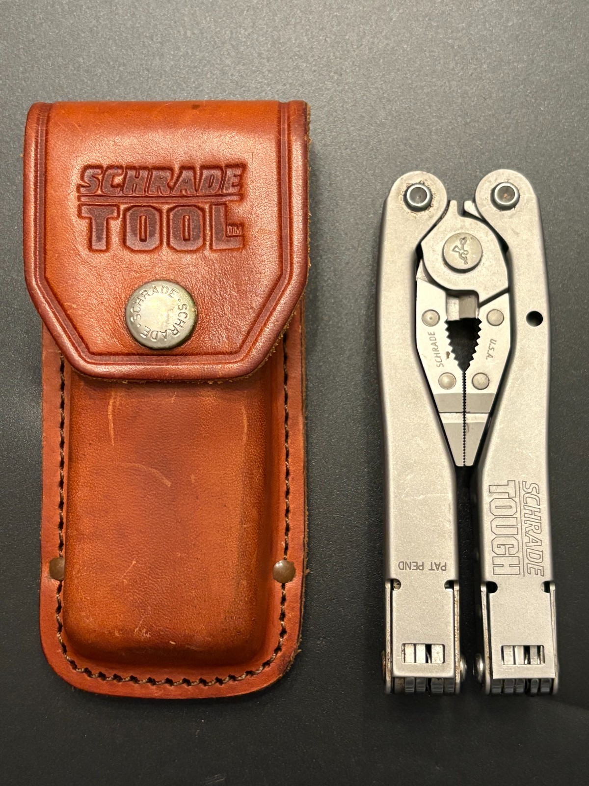 SCHRADE TOUGH Multi Tool with Original Brown Leather Case Made USA