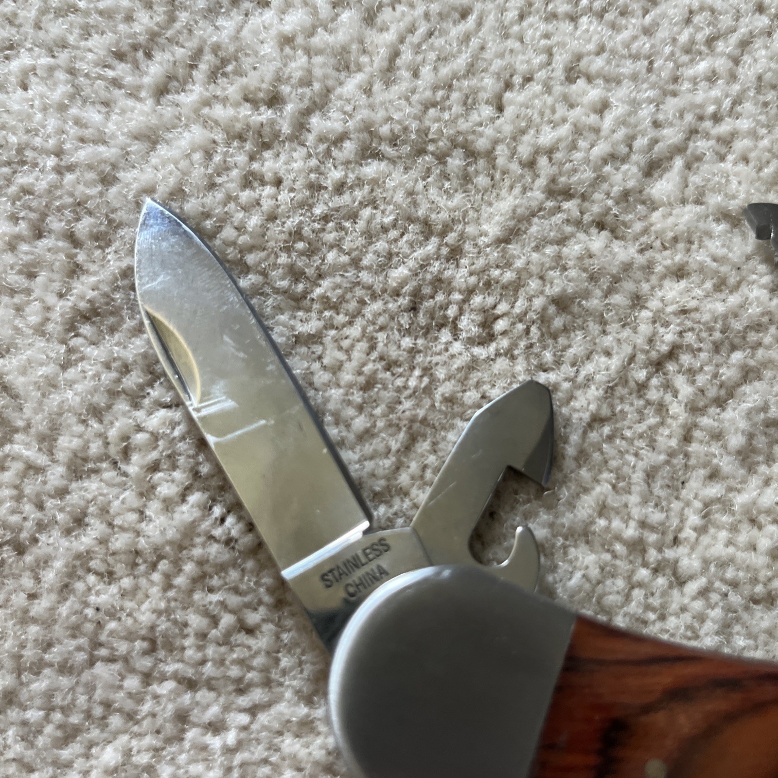 Camping Knife Wooden Handle with 7 Different Tools Attached with a Hanging Ring