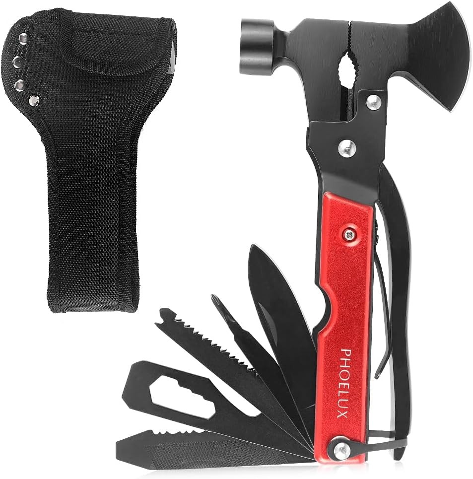 16-IN-1 Camping Multitool Red Axe Hammer Survival Gear W/ Knife Pliers Saw Fish