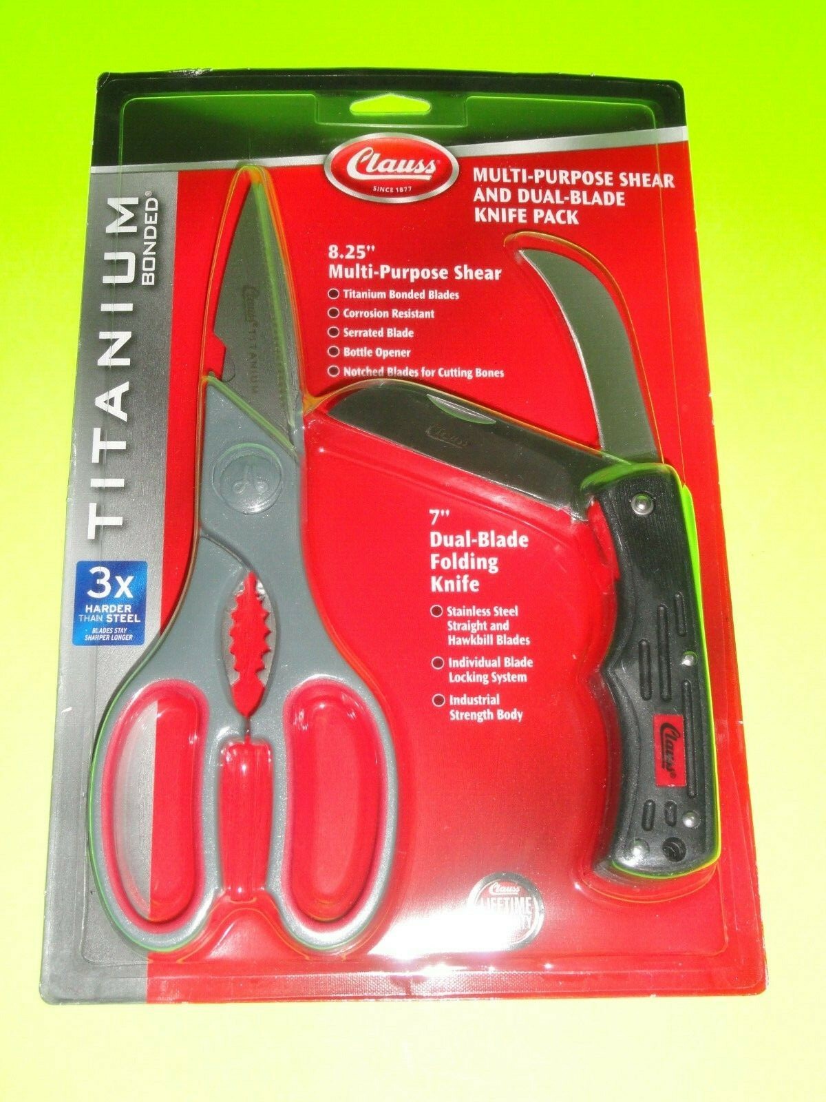 Clauss Titanium 8.25″ Shear Cutting Scissors +7″ Dual Blade Folding Pocket Knife