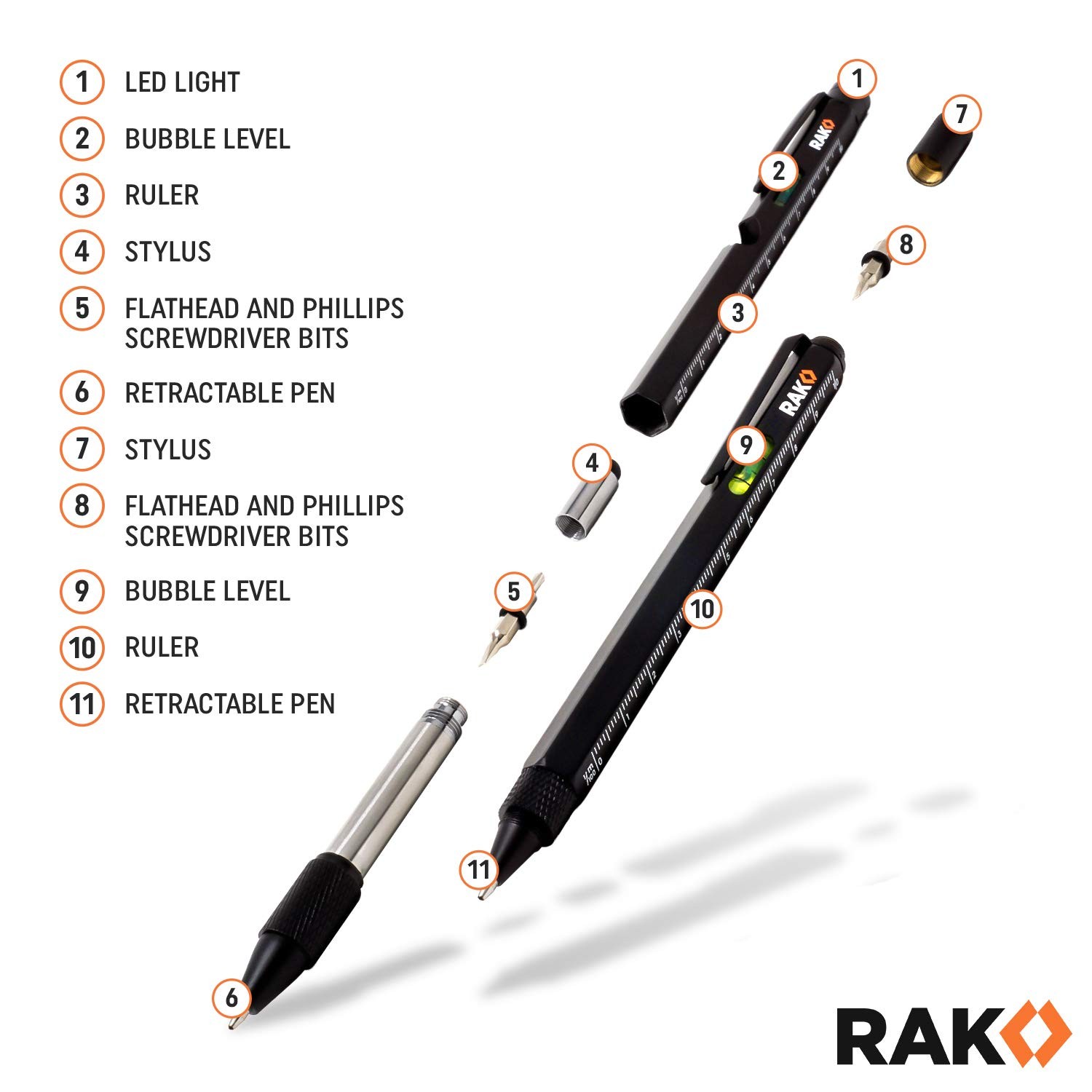 RAK Multitool Pen – Multi-Tool Set 11 in 1, Pocket Size (2 count), Black