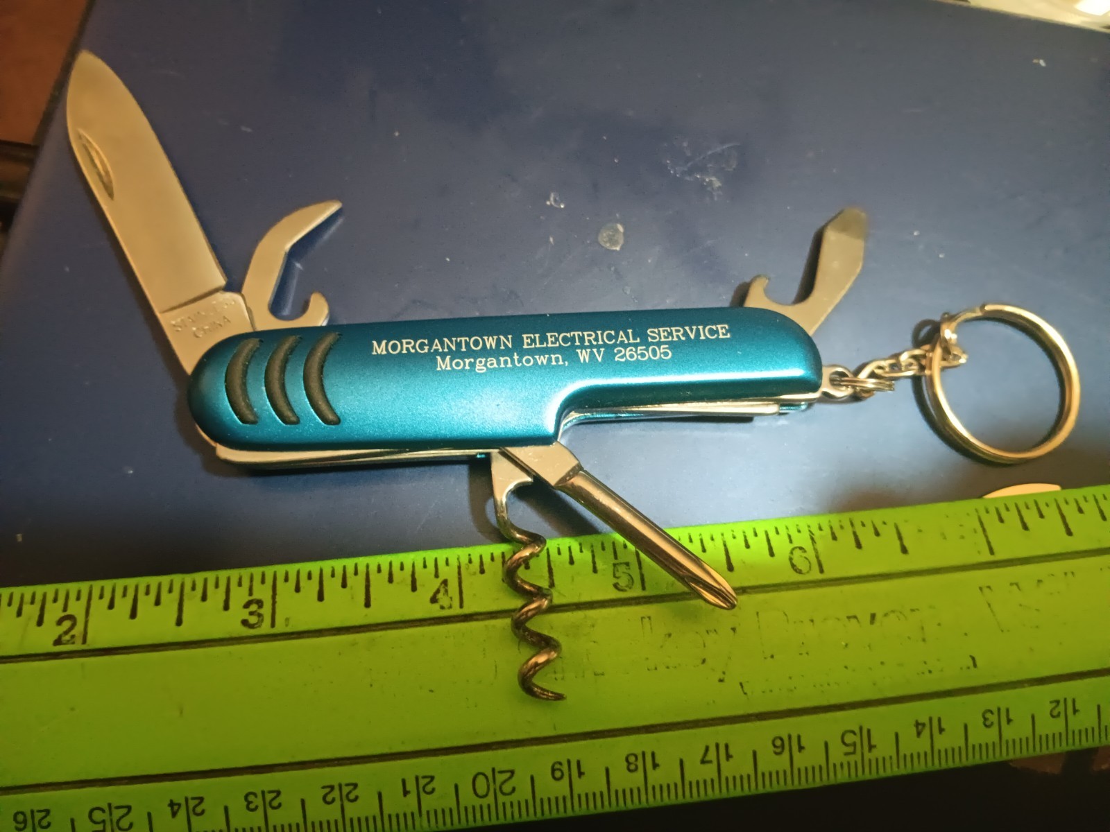 Morgantown WV Electrical Service Blue Folding Multi-Tool Knife Keychain (26-151)