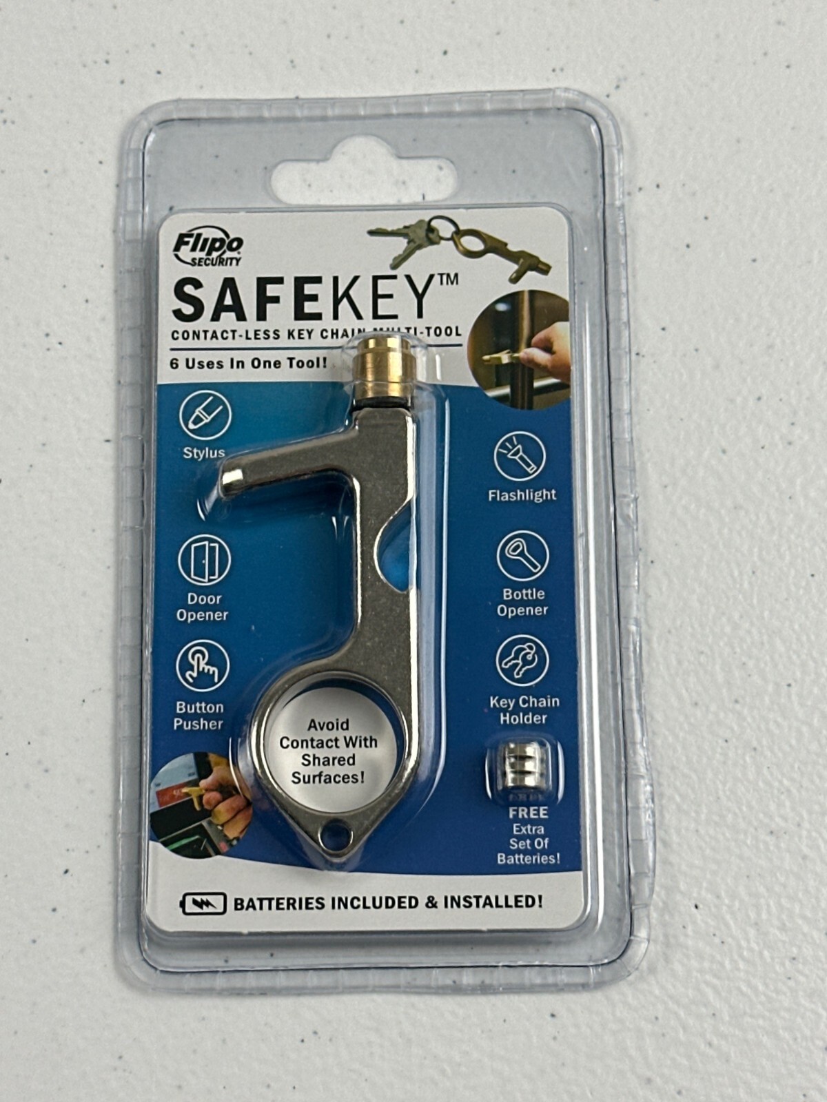 Flipo Security Safekey 6-In-1 Keychain Tool: Stylus Flashlight Bottle Opener