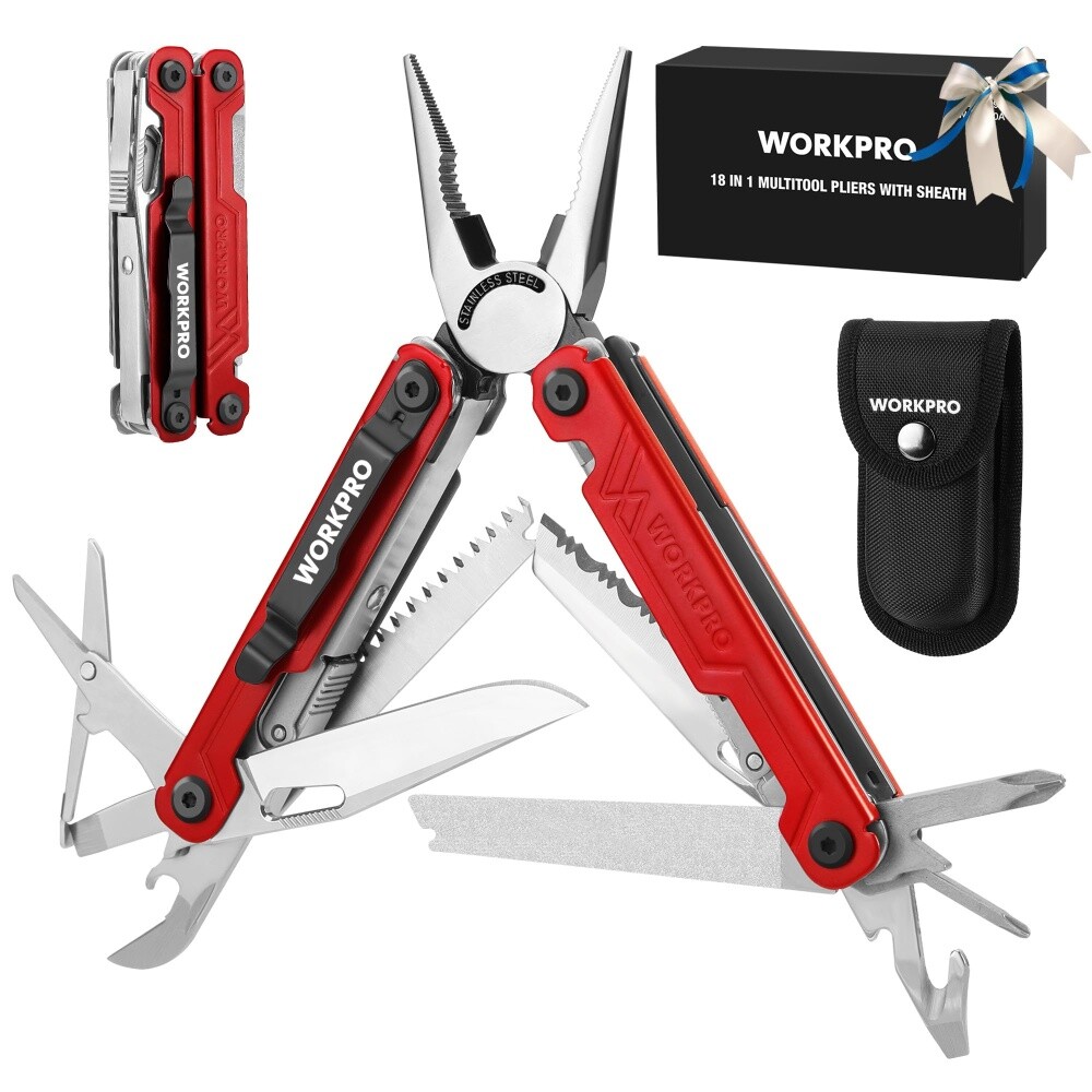 WORKPRO 18-in-1 Folding Multitool Pliers Stainless Steel Multi Tool Pocket Knife