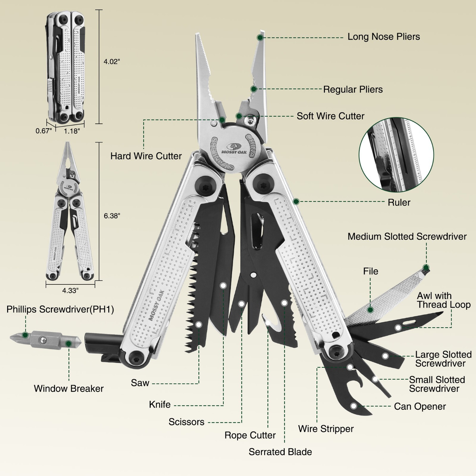 MOSSY OAK Multitool, 20-in-1 Stainless Steel Multi Tool Pliers Self-locking