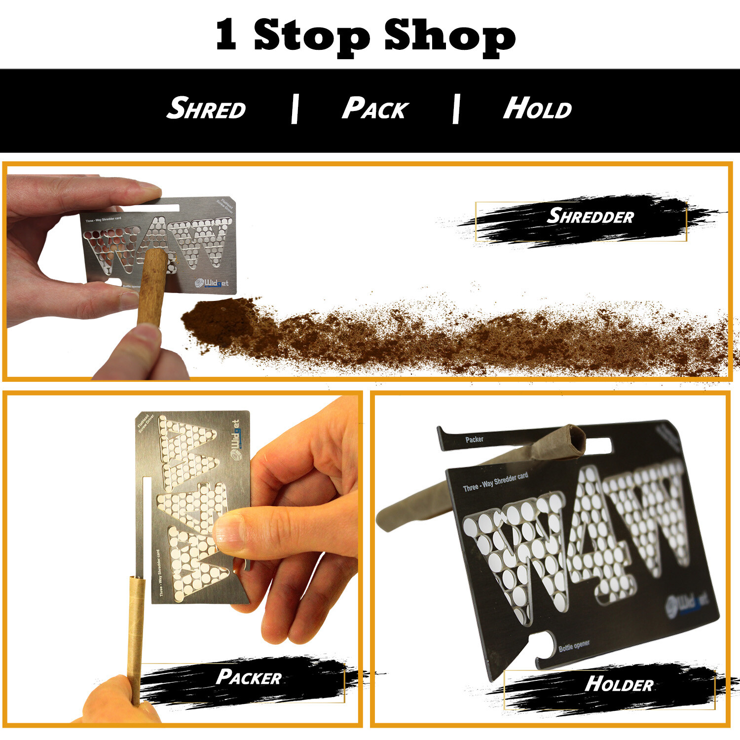 Herb Grinder Card with Packer – 6 in 1 card includes – 3 Way Shredder and more
