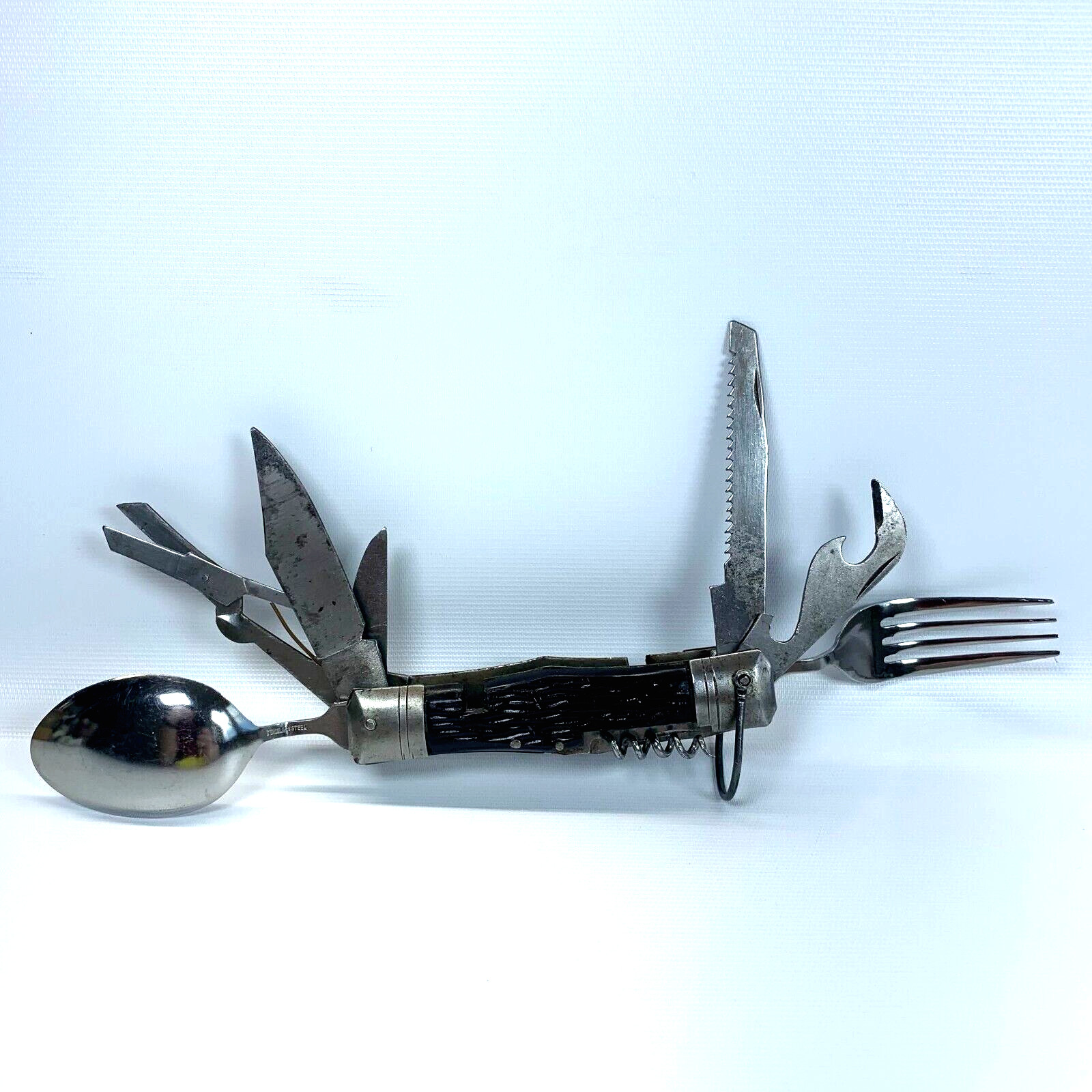 Vintage Pocket Folding Multi Tools Stainless Steel Spoon Fork Cork Screw Knife
