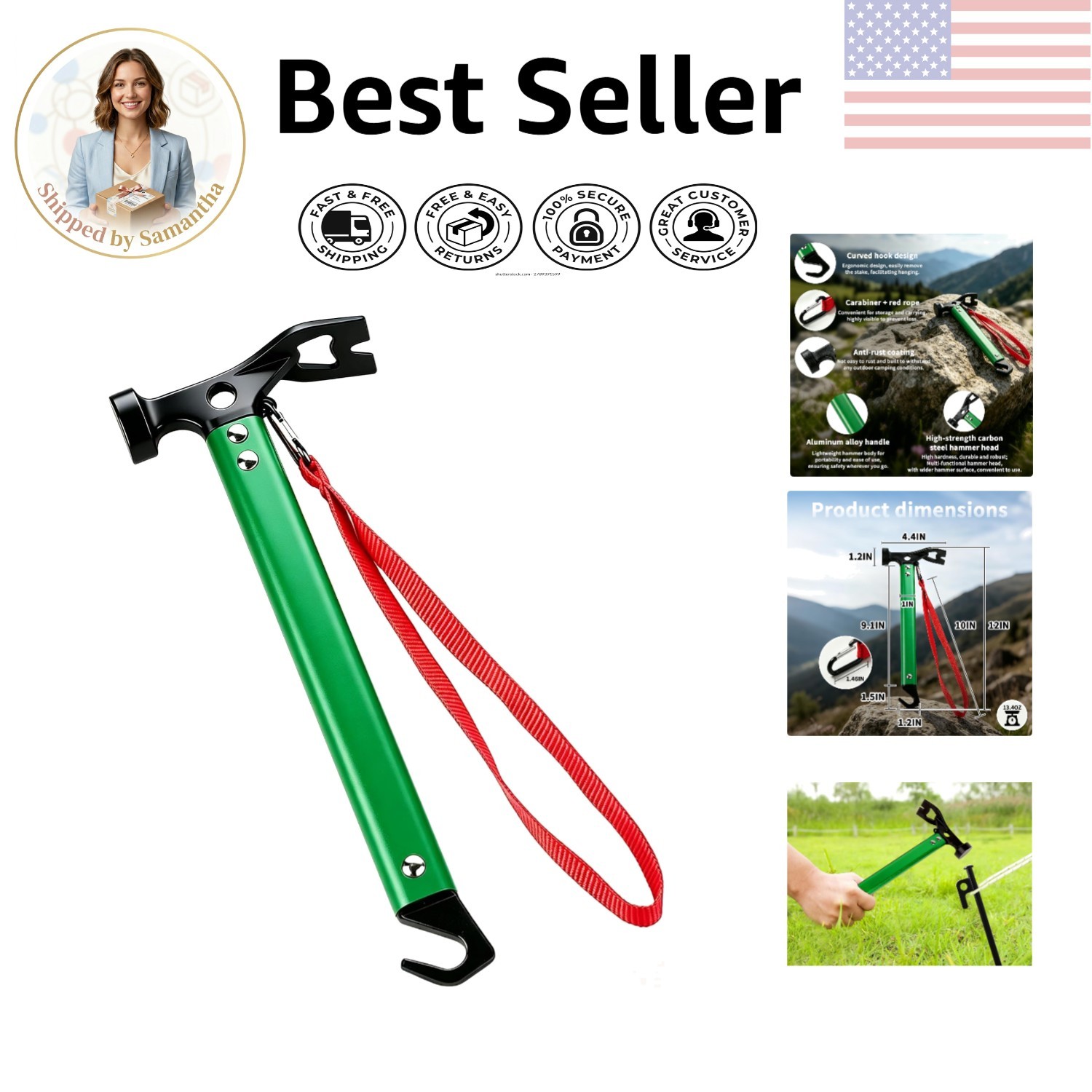 Three-in-One Tent Stake Hammer – Ergonomic Carbon Steel Design, 12″ Green
