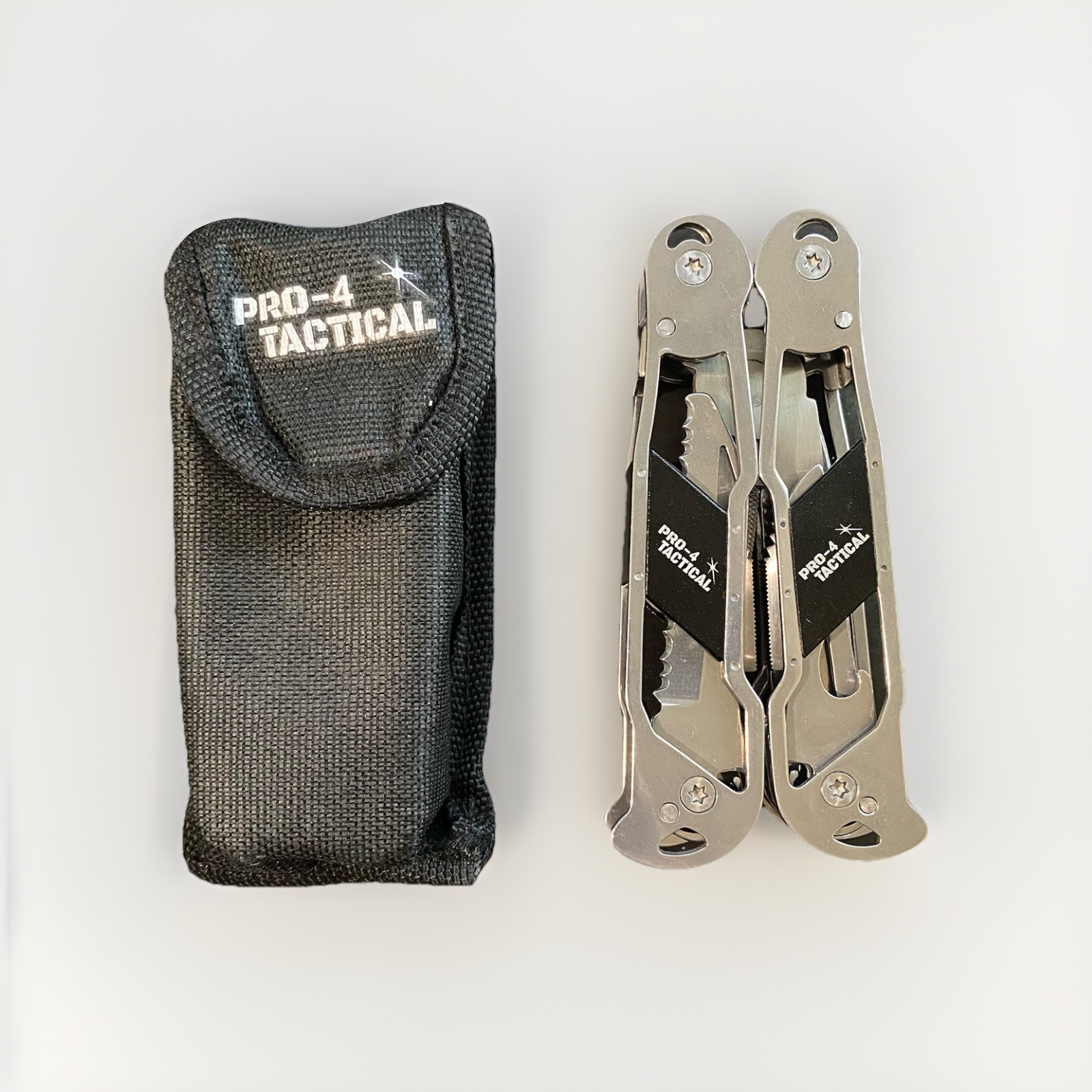 PRO-4 TACTICAL 9-in-1 Multi-Tool Silver Black Stainless Steel With Sheath