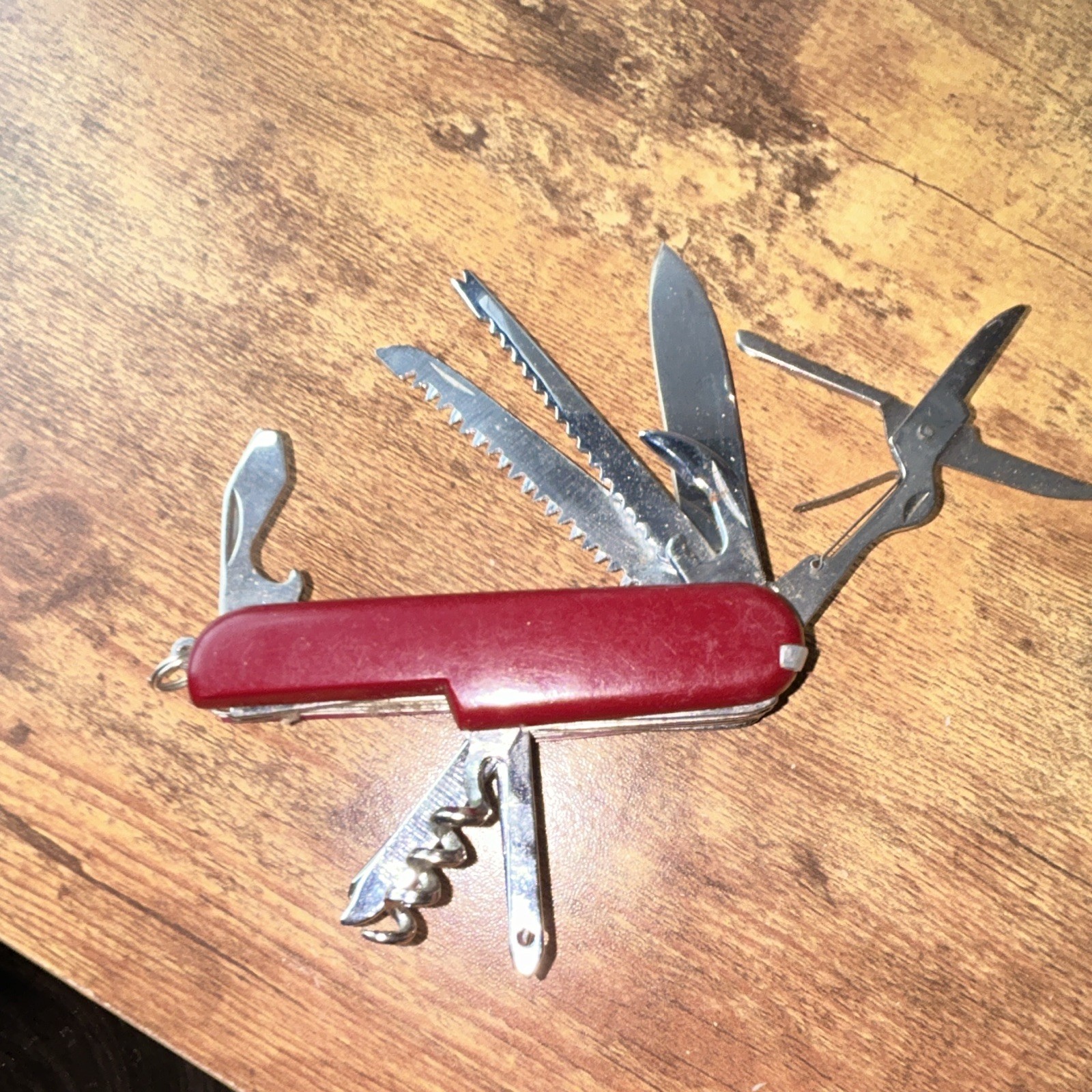 Red Multi-Tool Pocket Knife Scissors Saw Corkscrew Can Opener, SS, Lanyard Ring