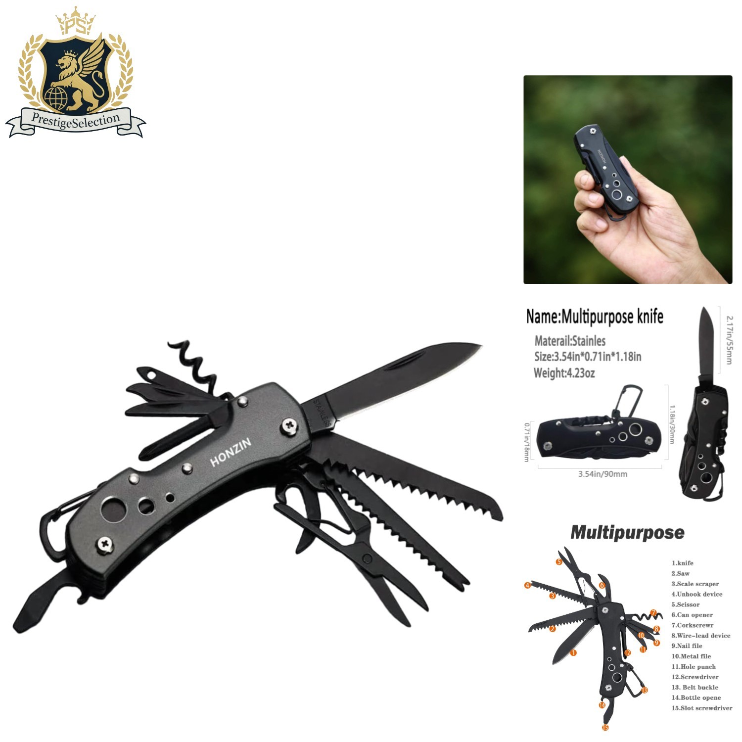 Durable Black Swiss Multitool Pocket Knife – Perfect Companion for Camping