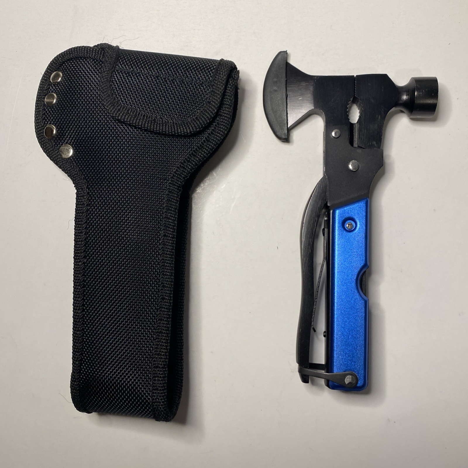 Folding Hammer Axe Multitool Blue Handle w/ Nylon Sheath