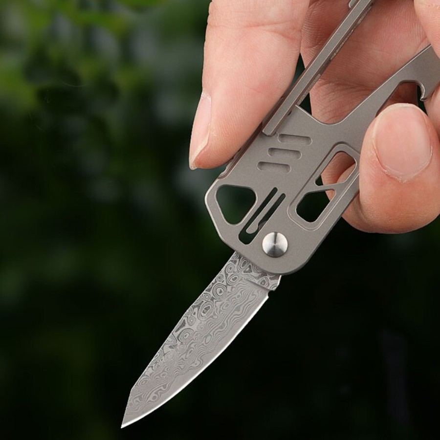 Edc Titanium Alloy Damascus Blade Keychain Outdoor Portable Folding Multi-tools