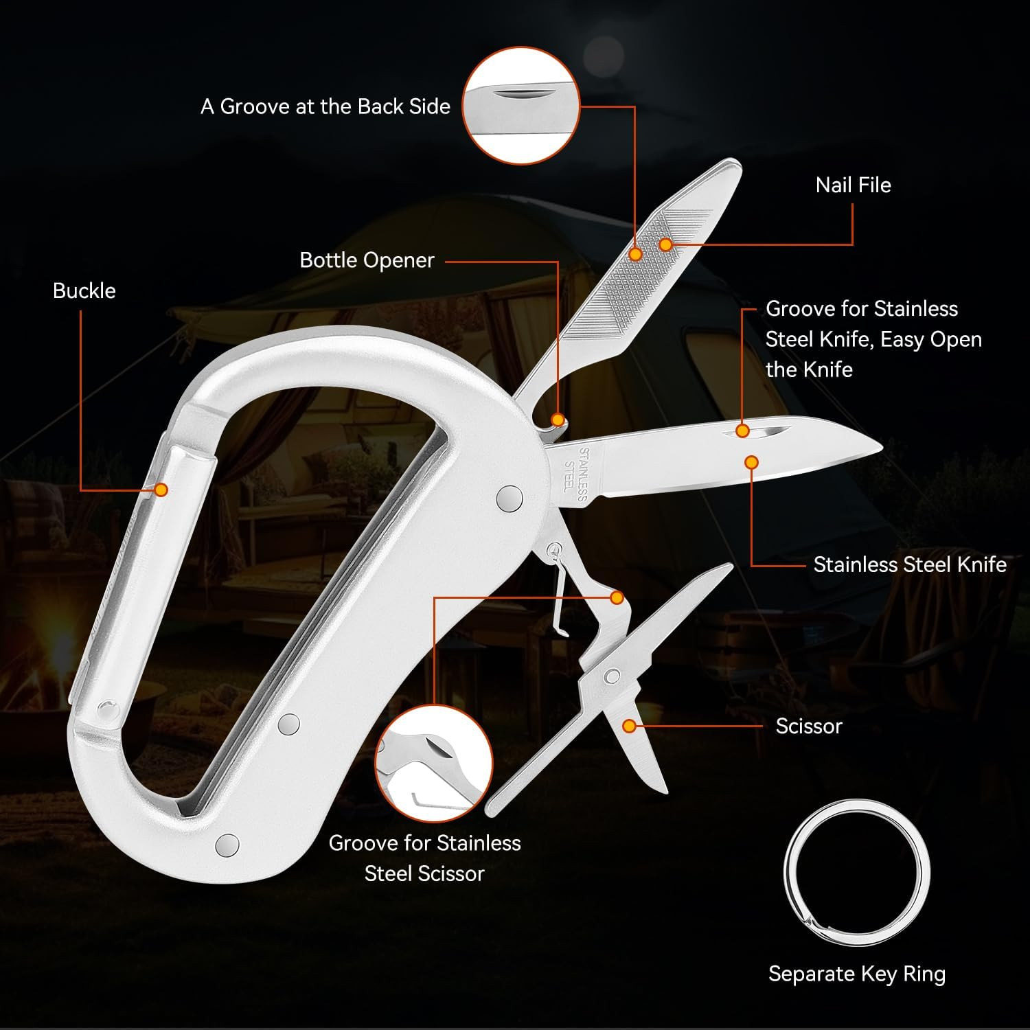 Multitool Carabiner with Pocket Knife, Bottle Opener,Nail File,Small Scissors,Ed