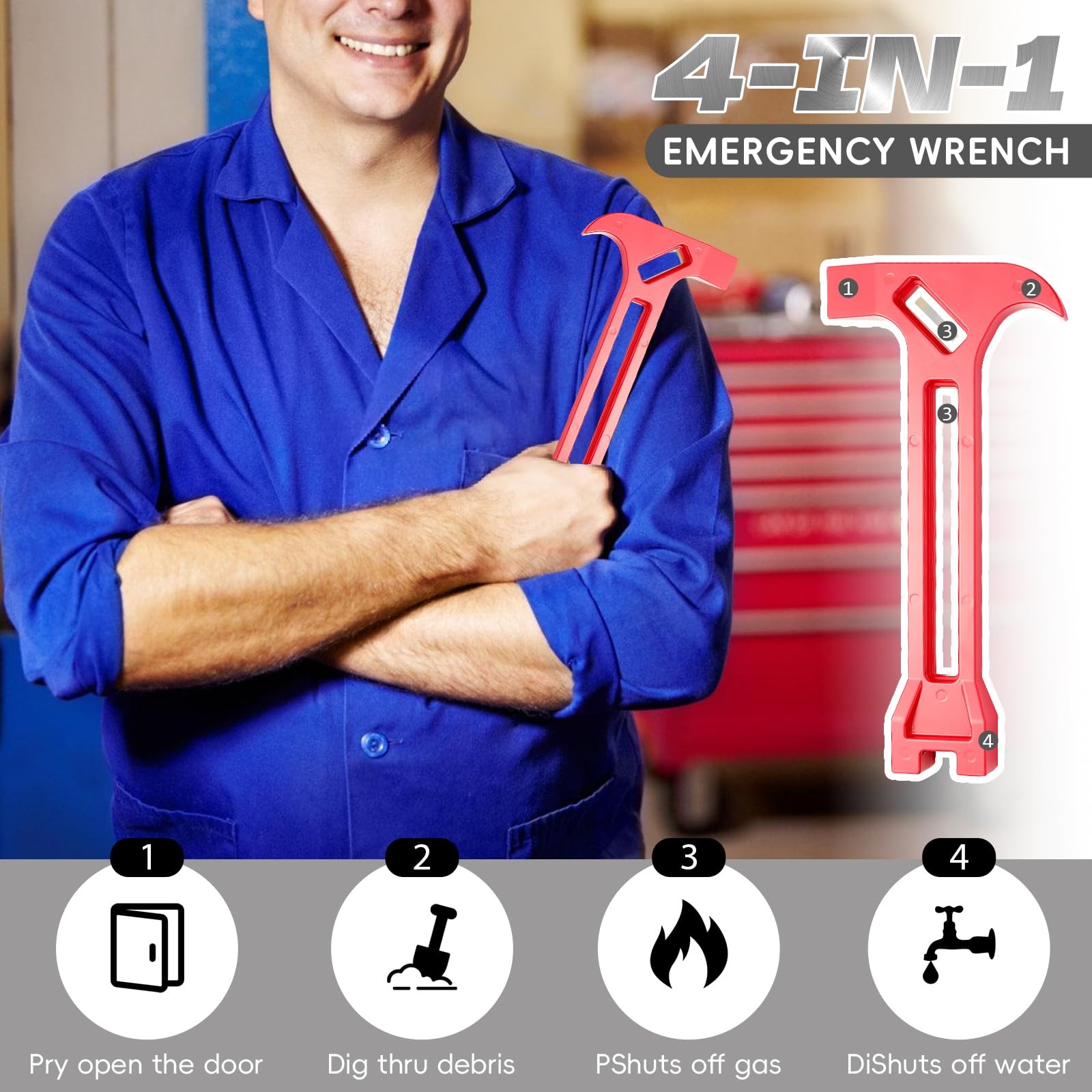 4-in-1 Emergency Tool – Gas & Water Shut Off Wrench, Non-Sparking Pry Bar, Ea…
