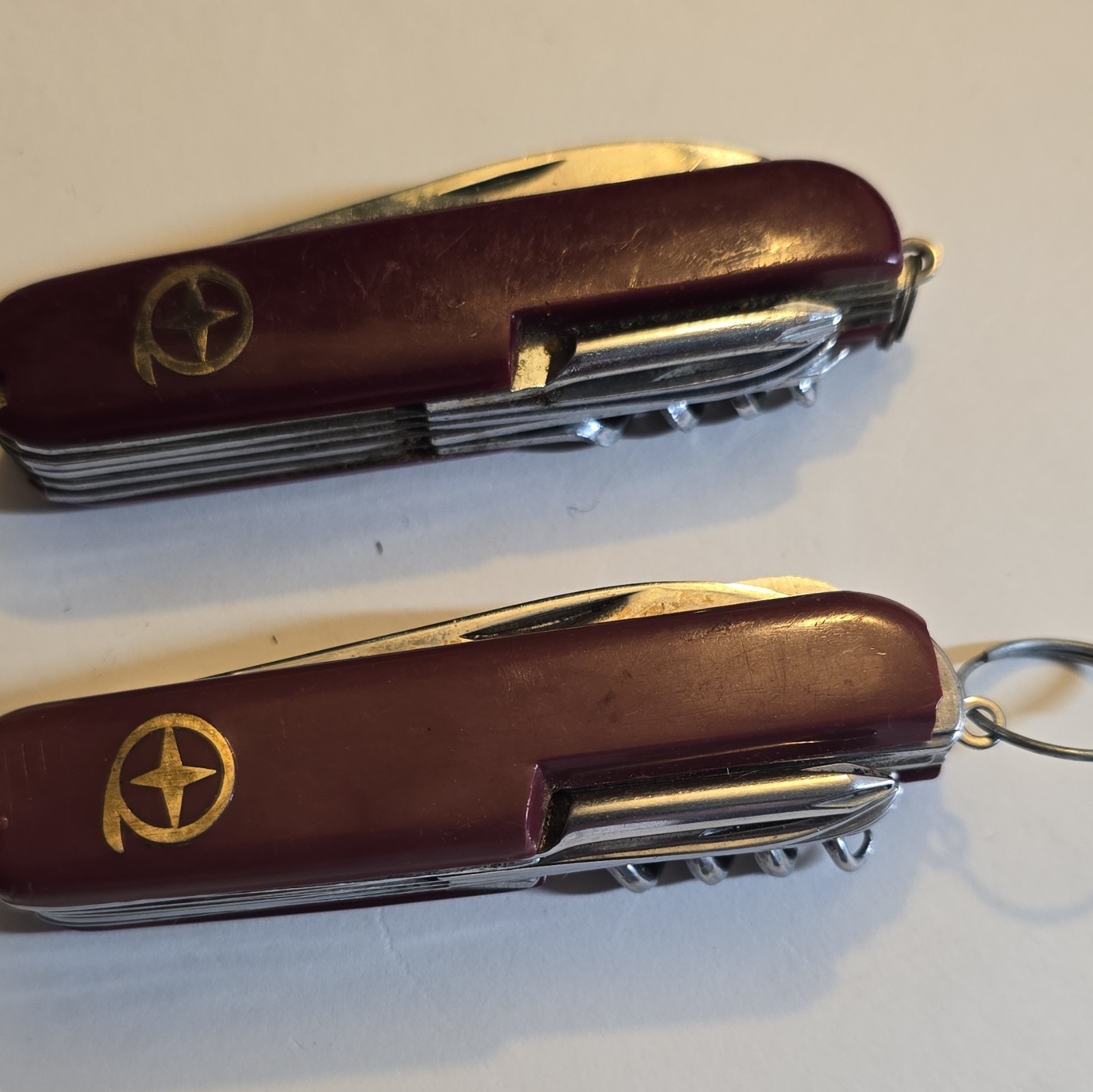 Lot of 2 Brown Swiss Army Style 12-Tool Pocket Multi-Tools w/ Key Ring Vintage