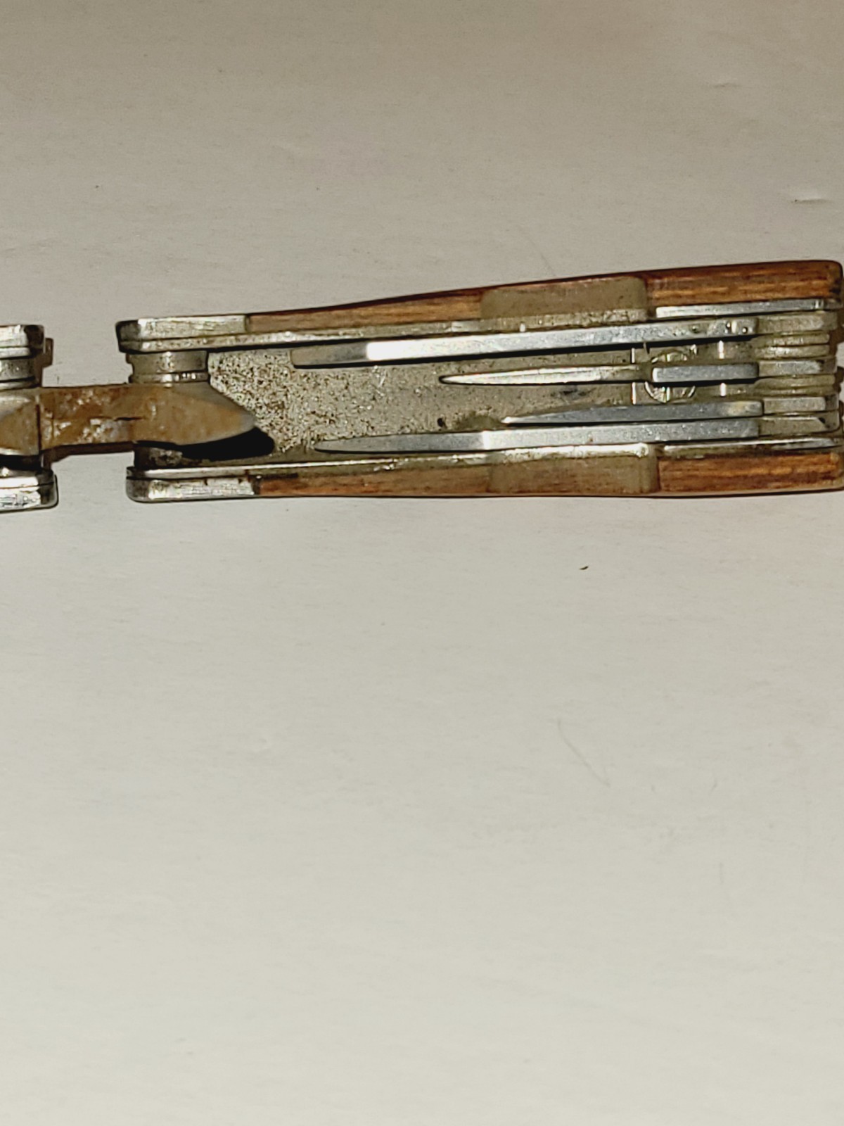 AS IS SHEFFIELD STAINLESS STEEL MULTI TOOL WOOD GRAIN GRIP SEE PHOTOS