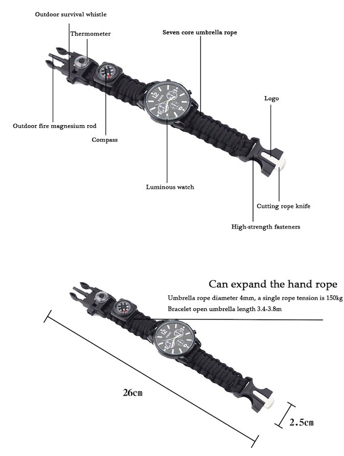 Emergency Survival Outdoor Watch Analogue Compass Paracord Flint And Steel Kit